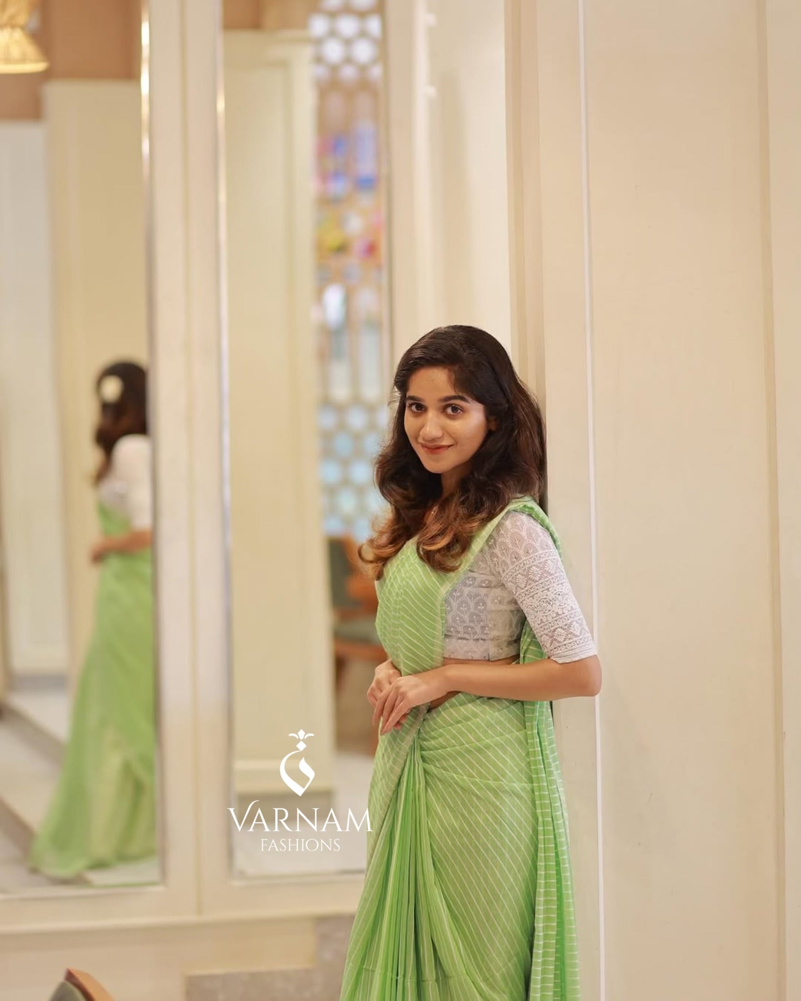 Green Mul Cotton Stripes Saree