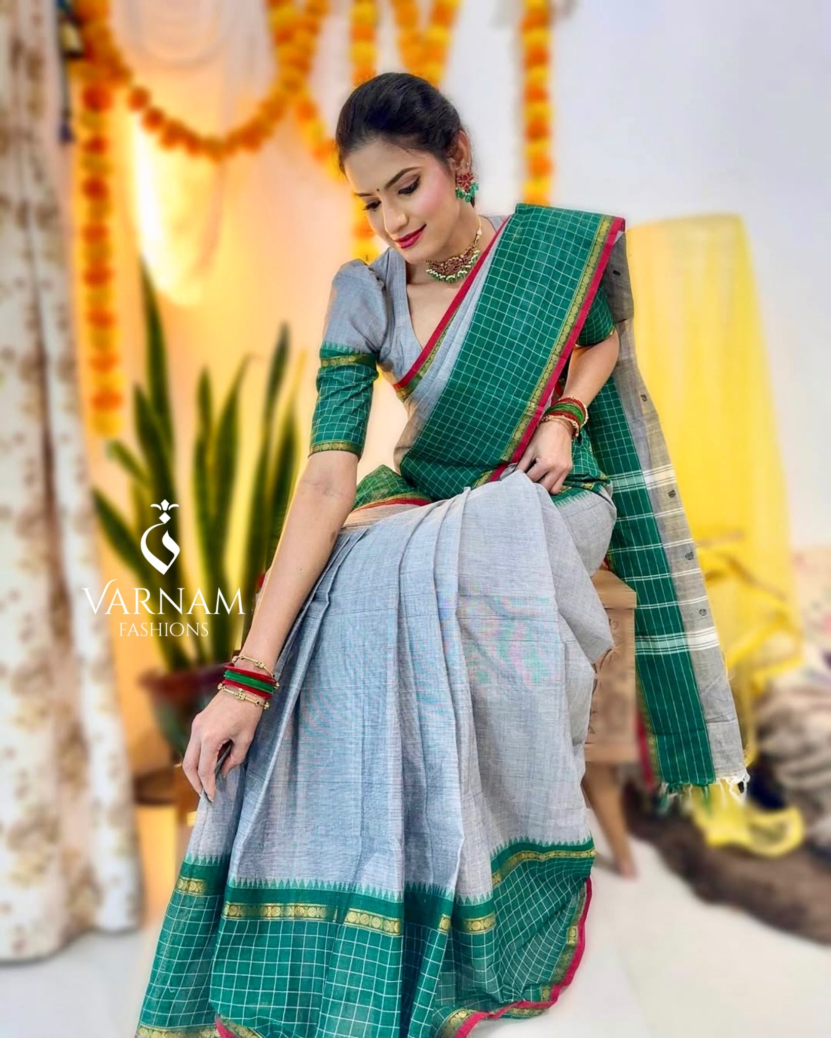 Grey With Green Kanchi Cotton Saree