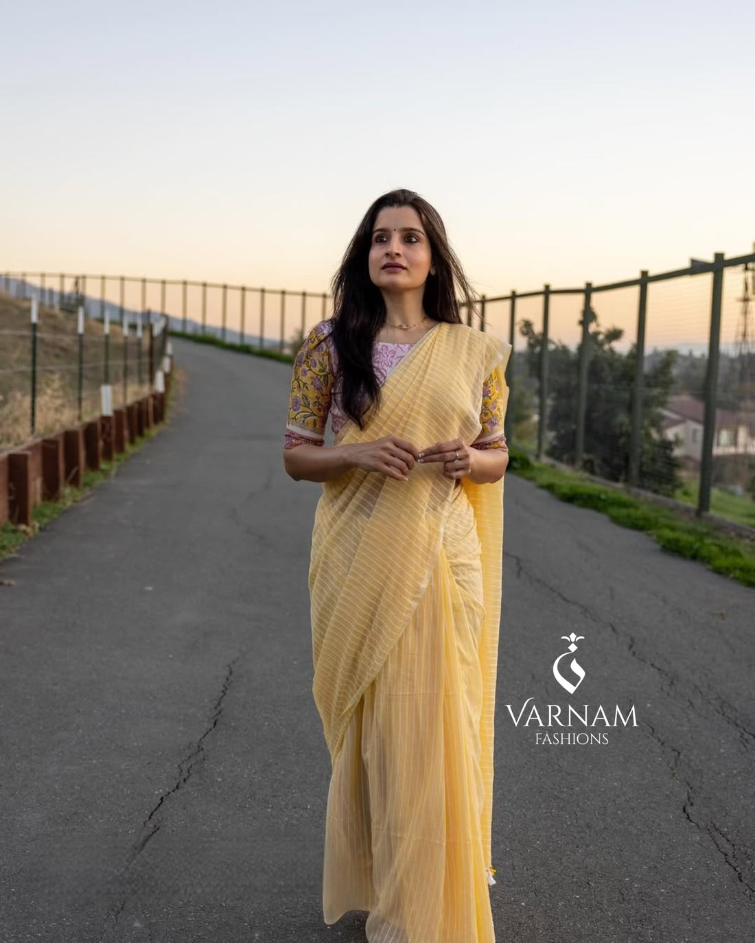 Yellow Mul Cotton Stripes Saree