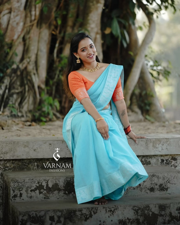 Skyblue Silver Zari Kattam Sungudi Cotton Saree