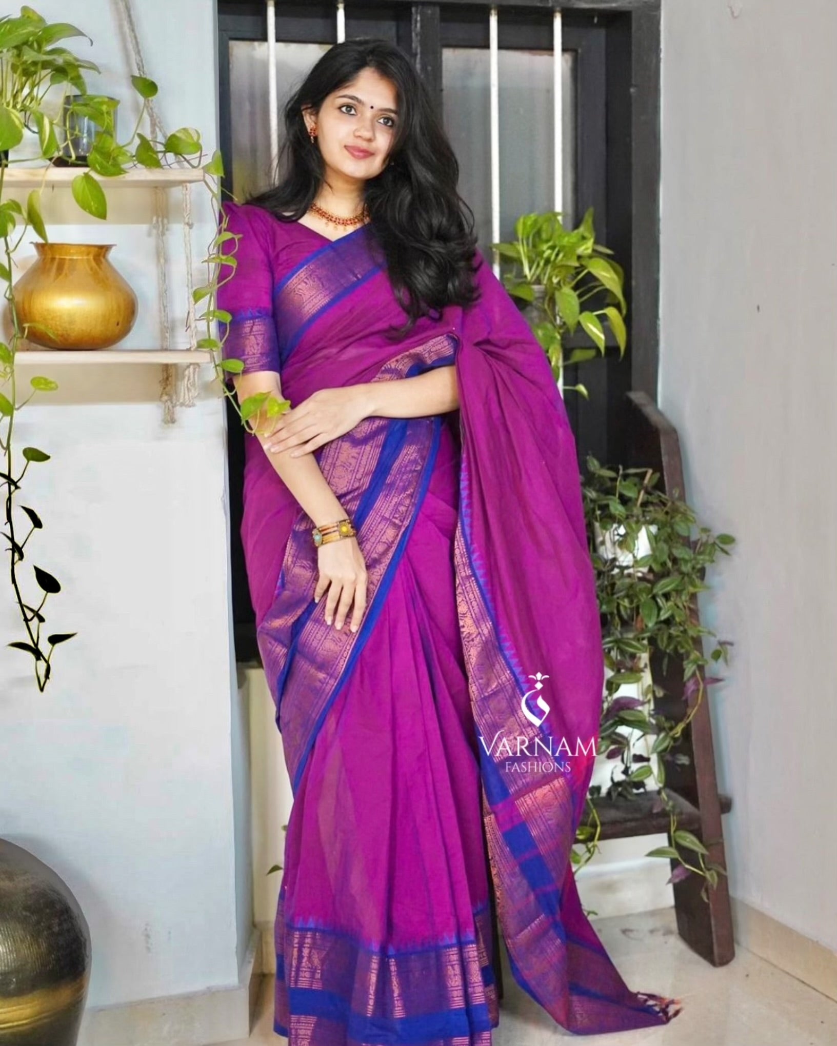 Purple Copper Zari Border Kanchi Cotton Saree