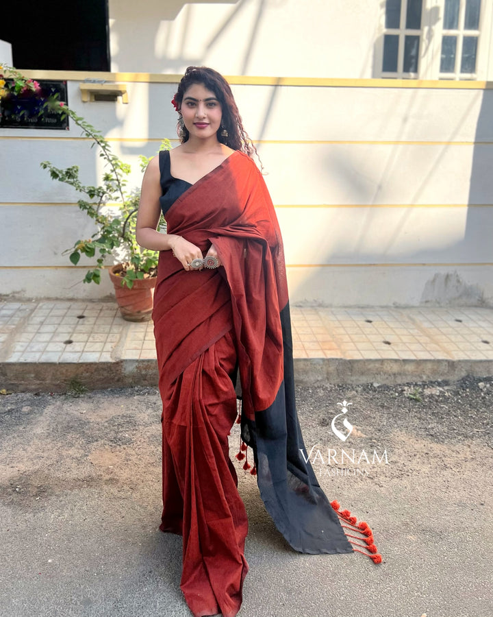 Brick Red With Black Khadi Cotton Saree