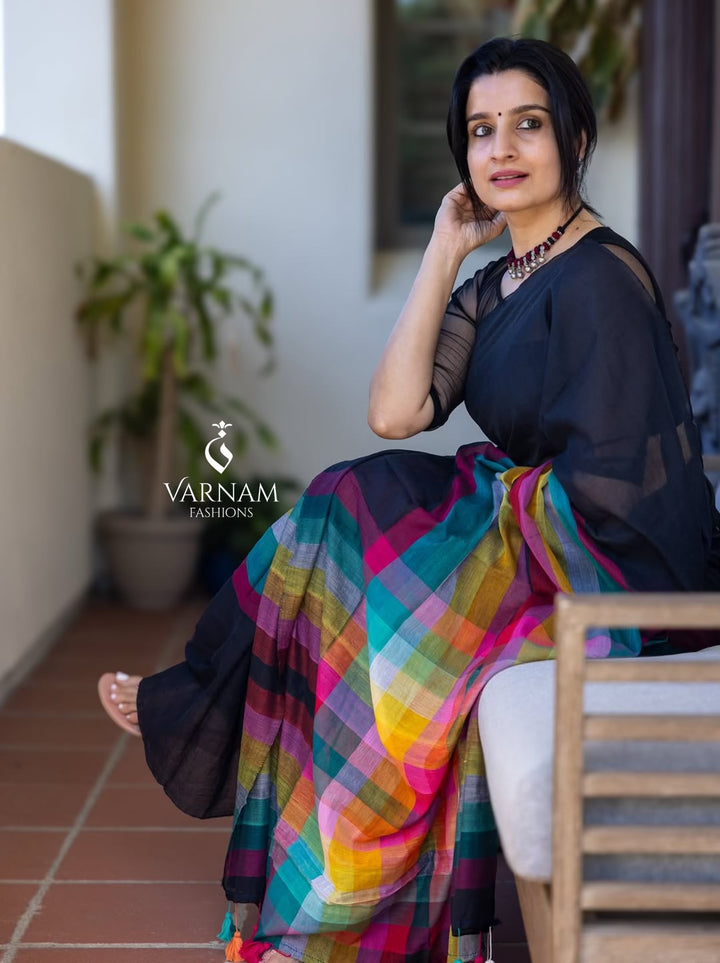 Black Rainbow Mul Cotton Saree