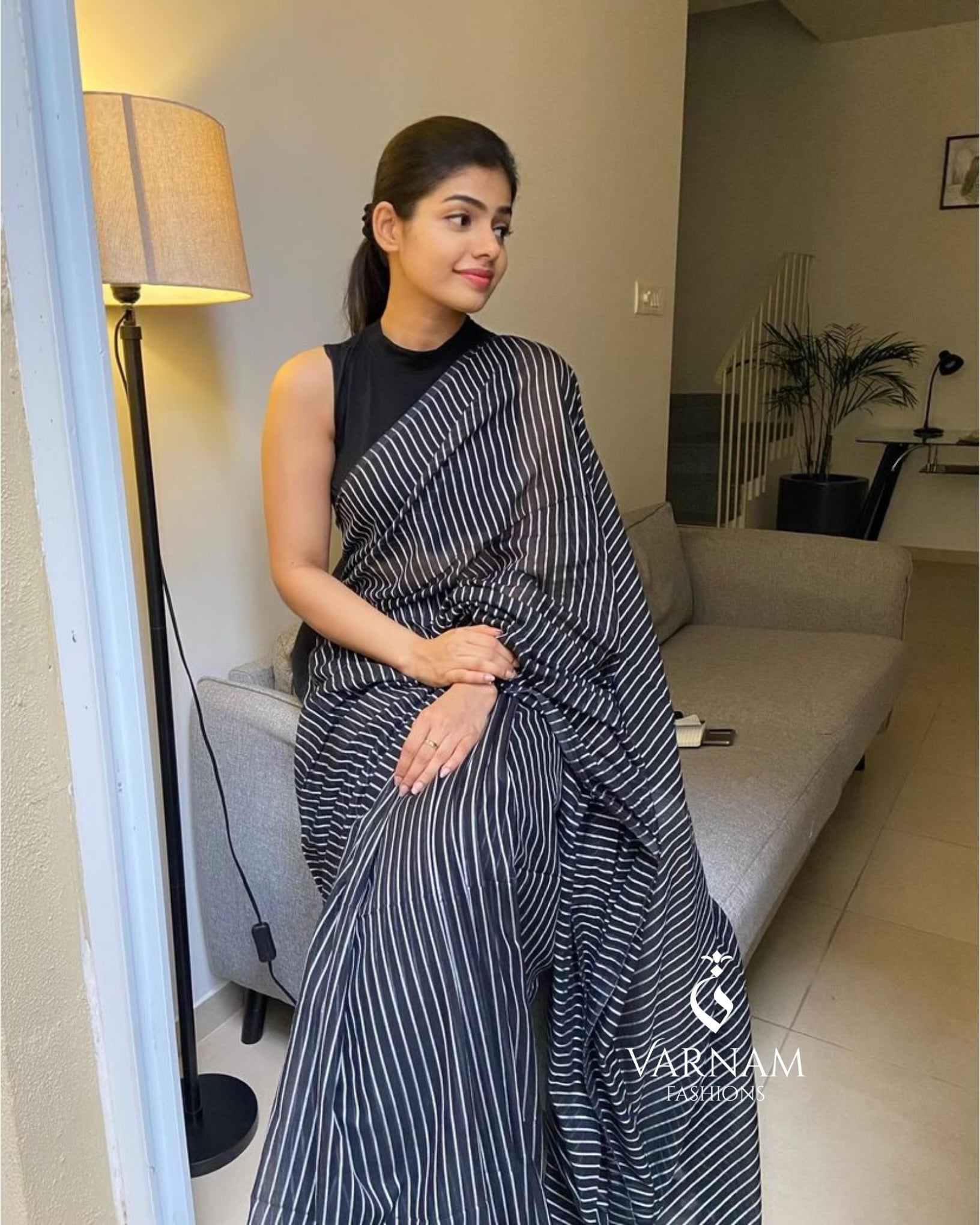 Black Mul Cotton Stripes Saree