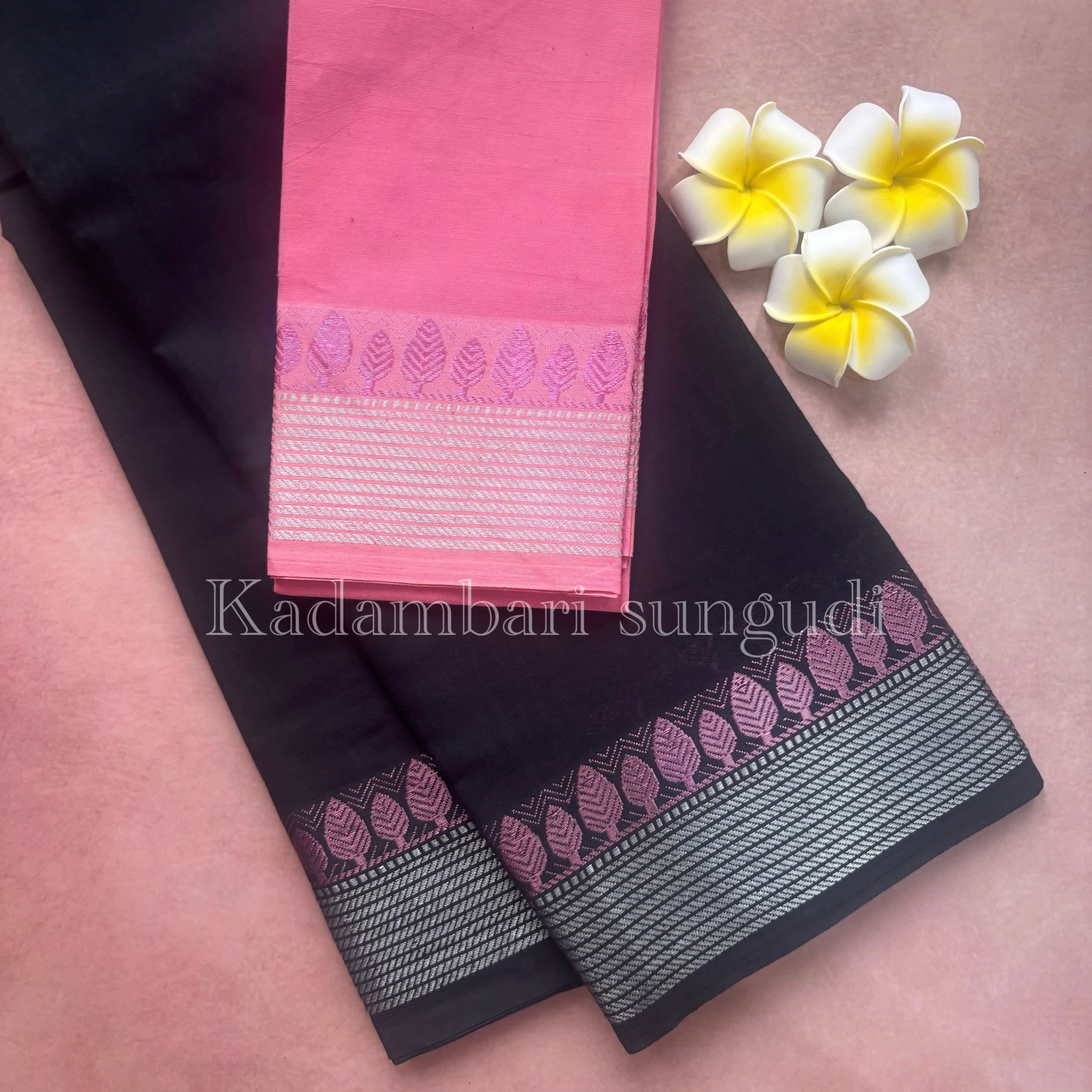 Kadambari Silver & Pink Zari Sungudi Cotton Saree