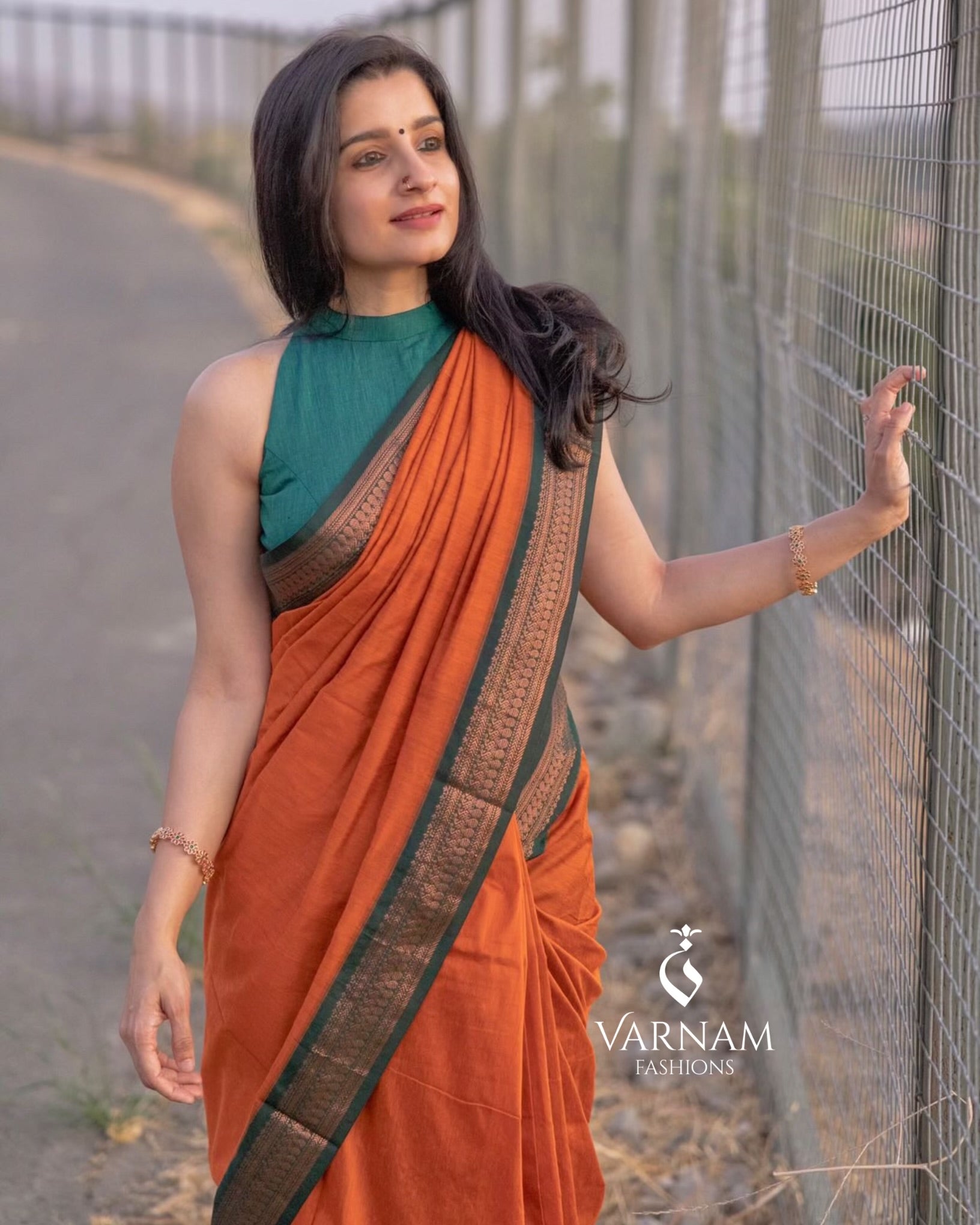 Orange With Green Kalyani Cotton Saree