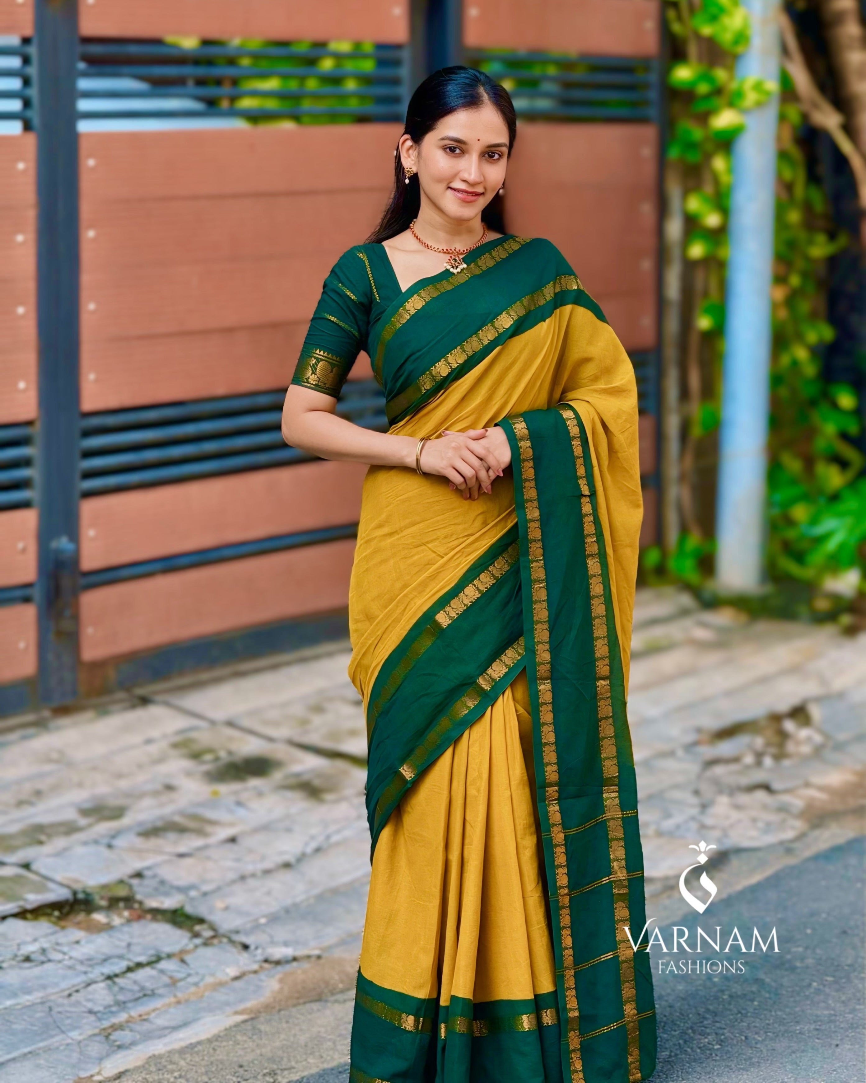 Mustard With Green Rettapetta Peacock Border Sungudi Cotton Saree