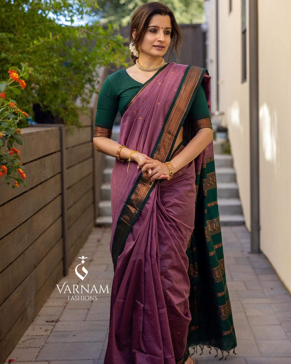 Onion Pink With Green Kalyani Cotton saree