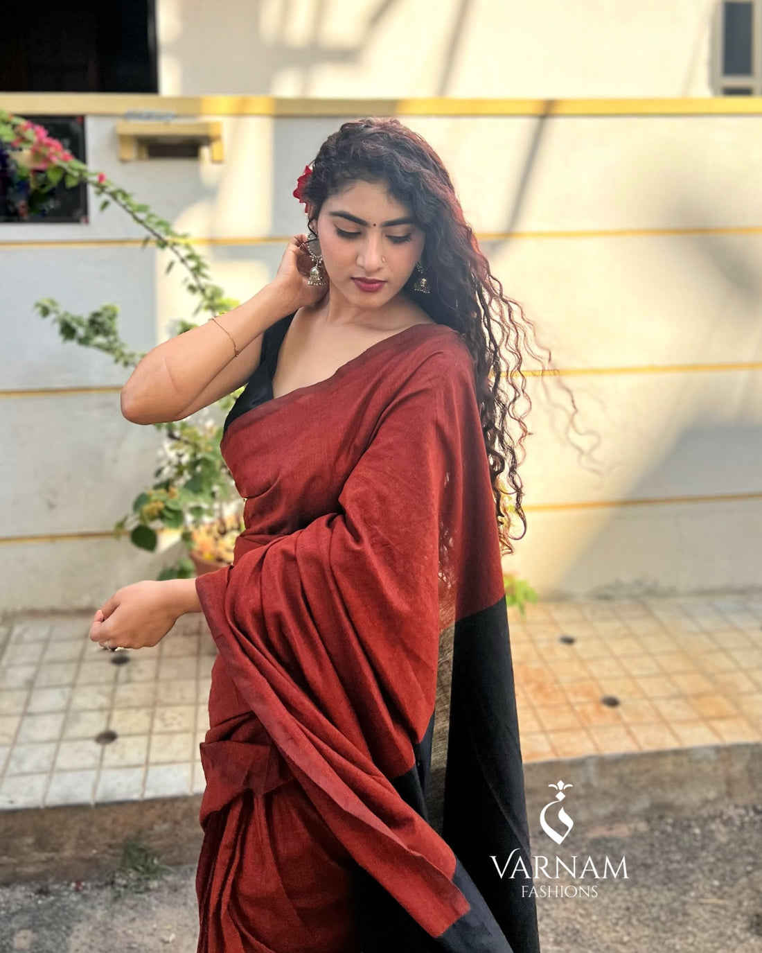 Brick Red With Black Khadi Cotton Saree