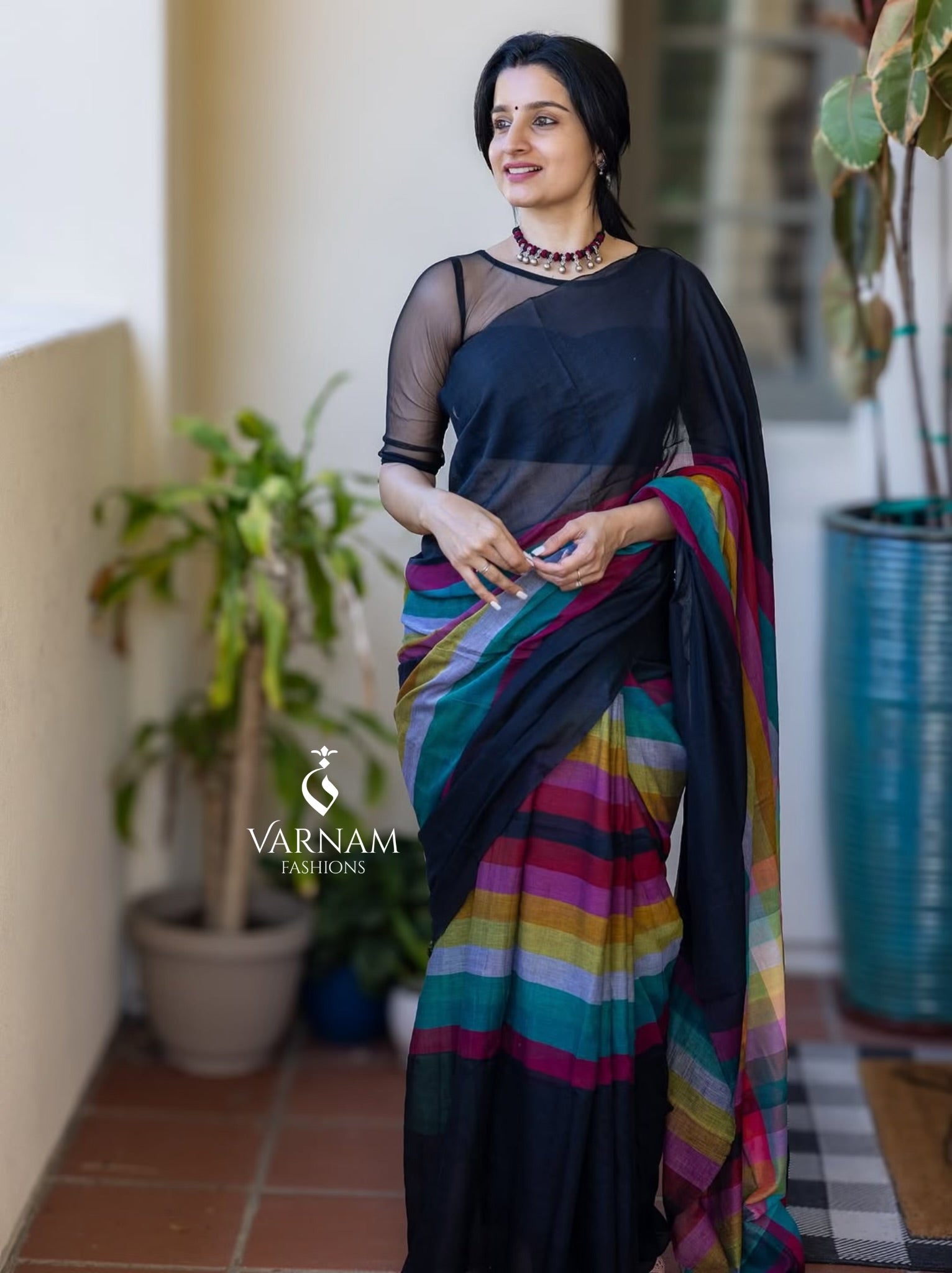 Black Rainbow Mul Cotton Saree