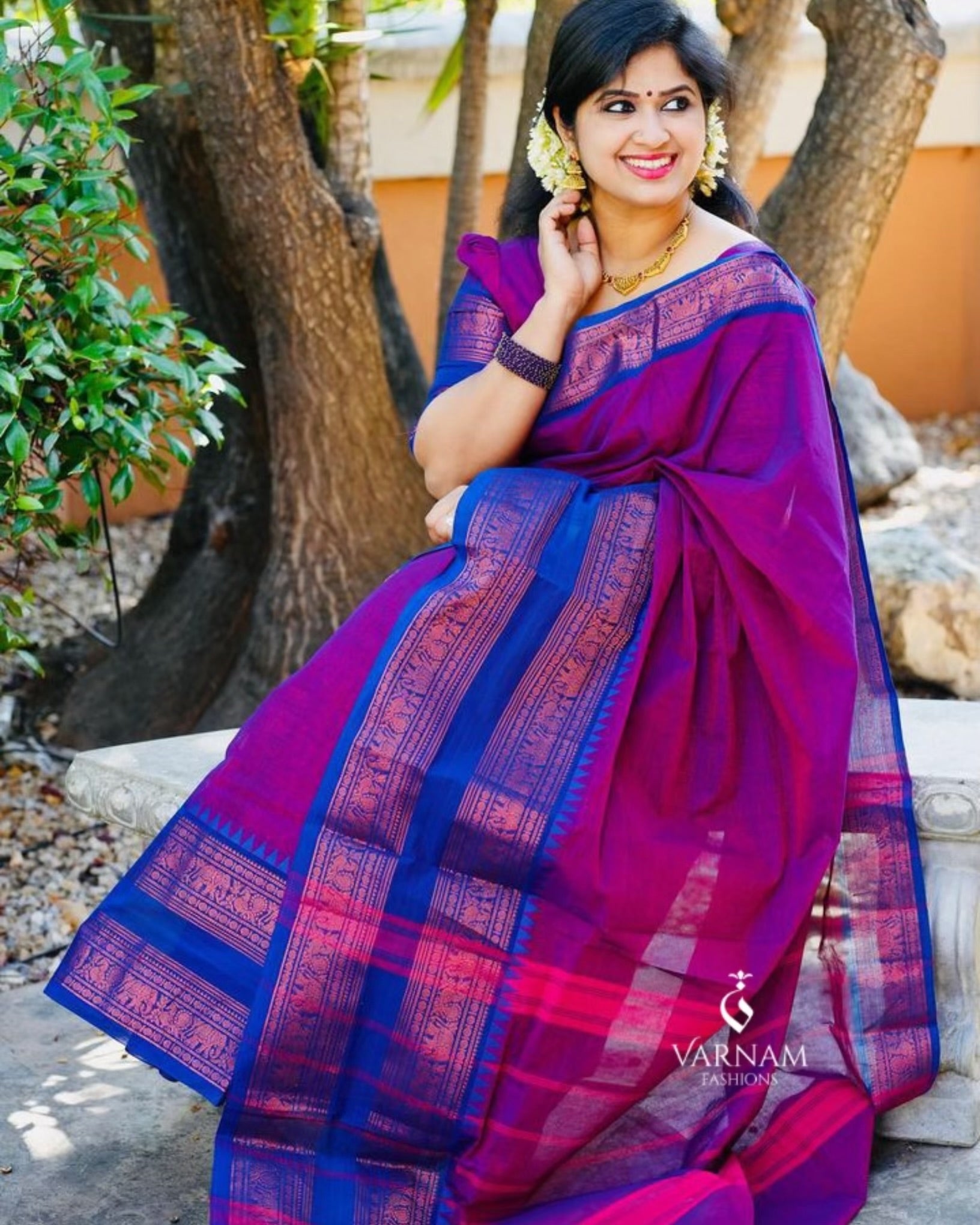 Purple Copper Zari Border Kanchi Cotton Saree