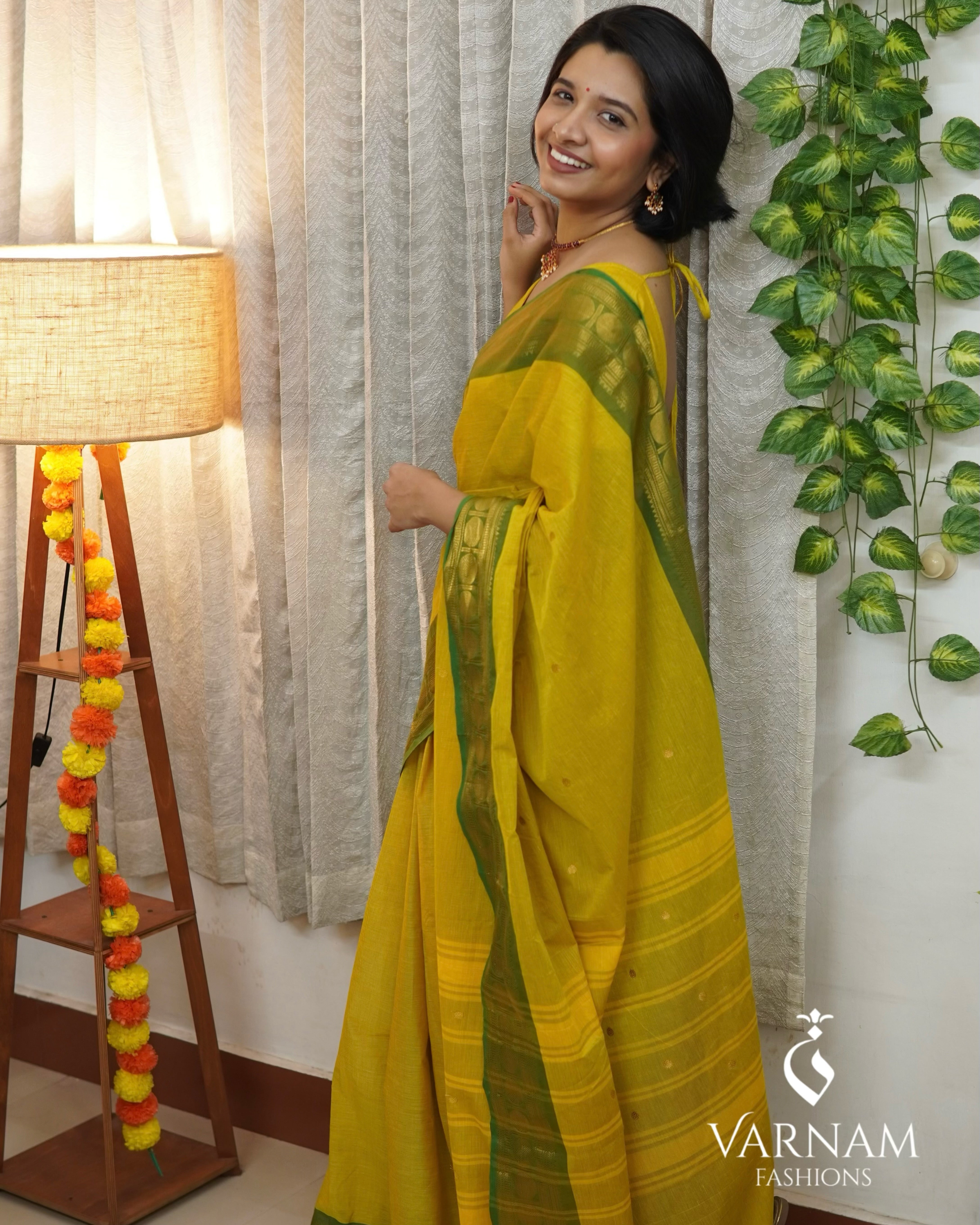 Yellow With Green Border Kanchi Cotton Saree