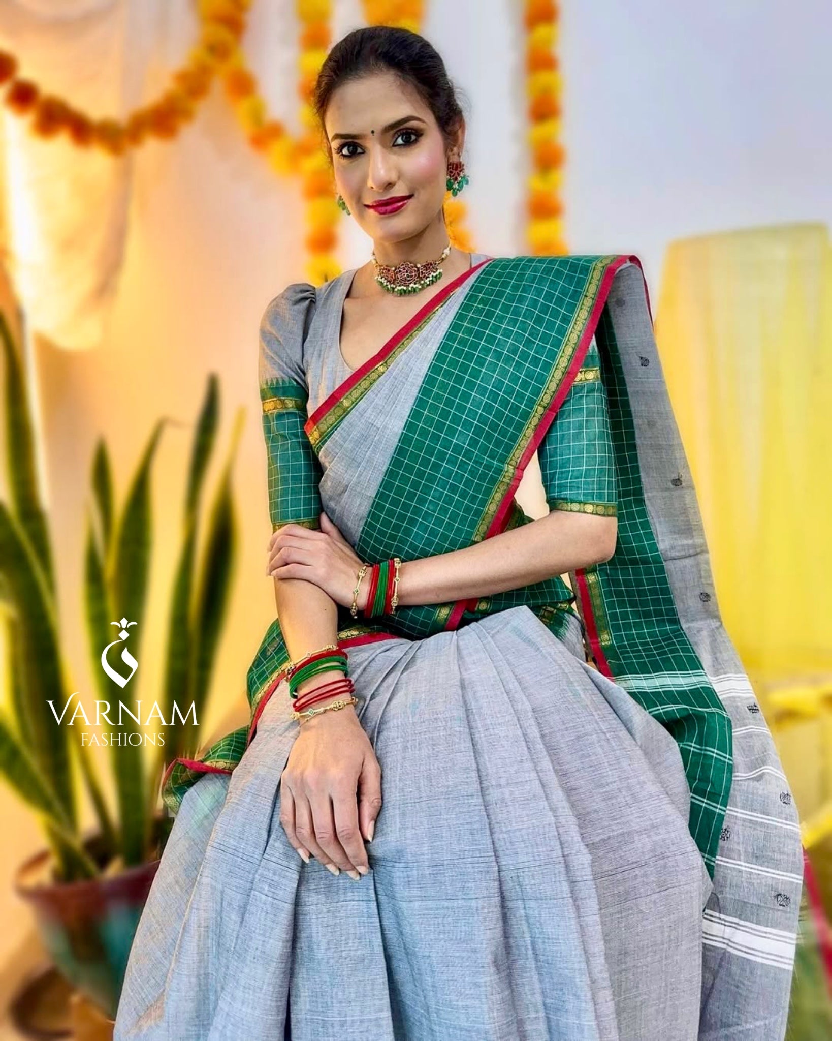 Grey With Green Kanchi Cotton Saree
