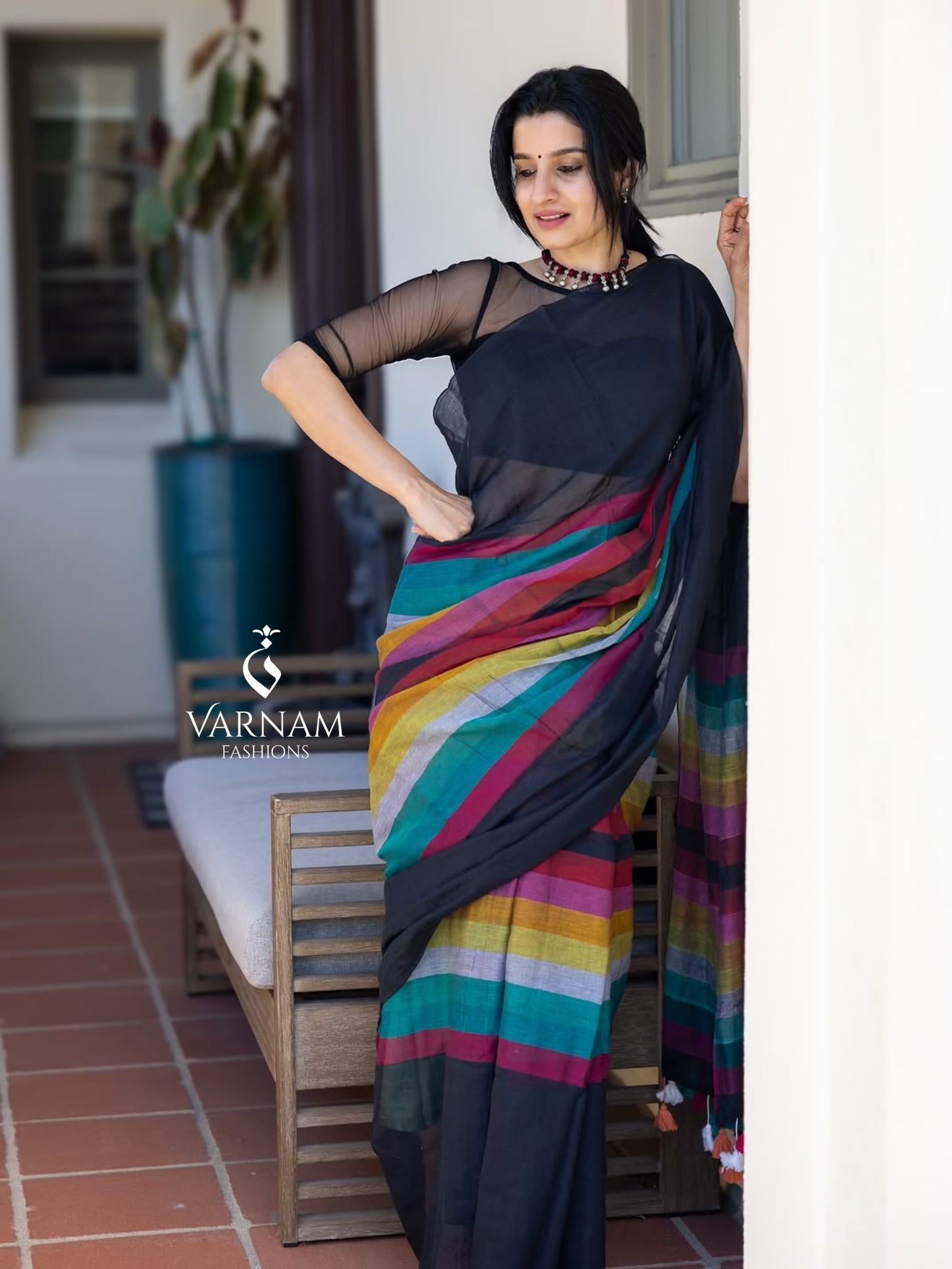 Black Rainbow Mul Cotton Saree
