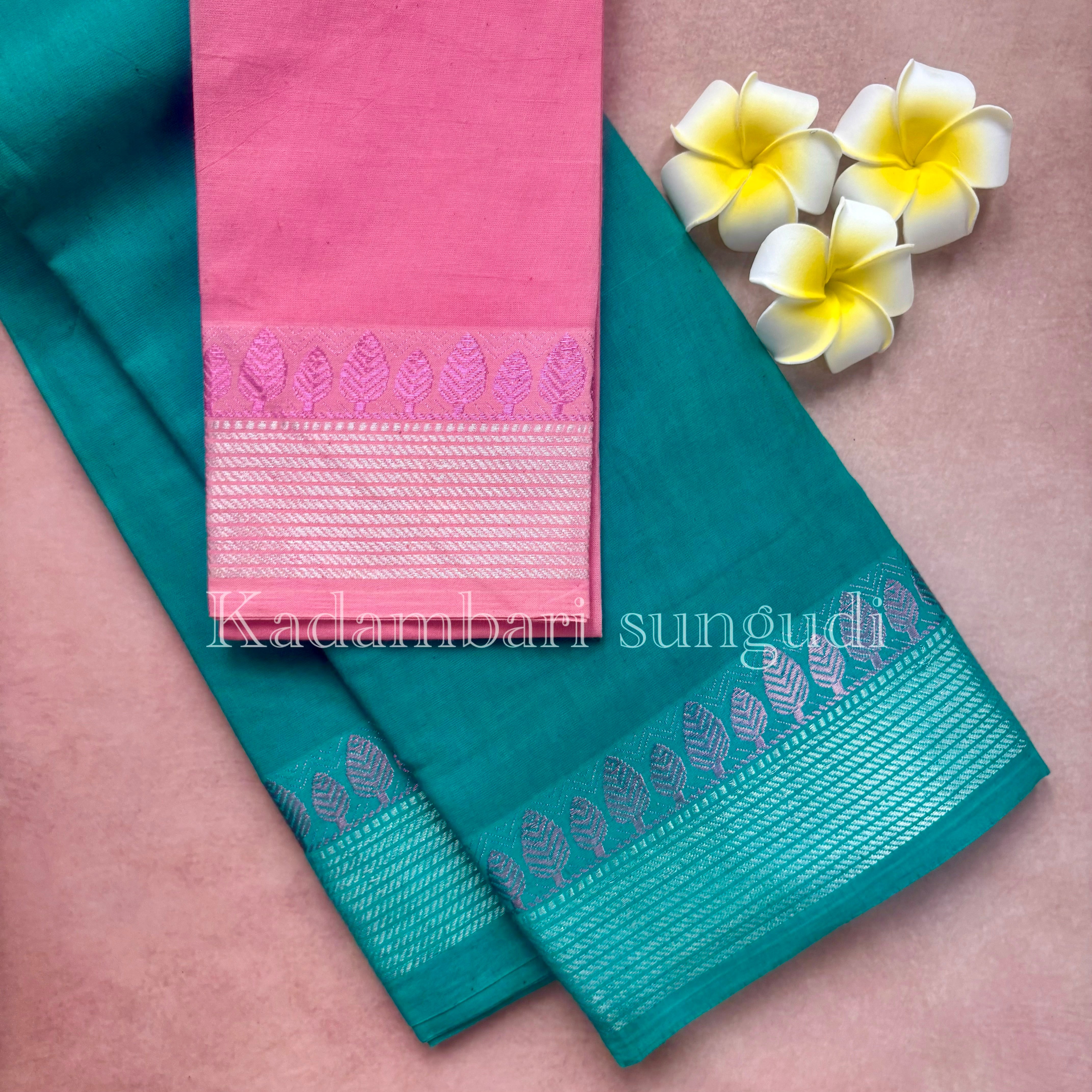 Kadambari Silver & Pink Zari Sungudi Cotton Saree