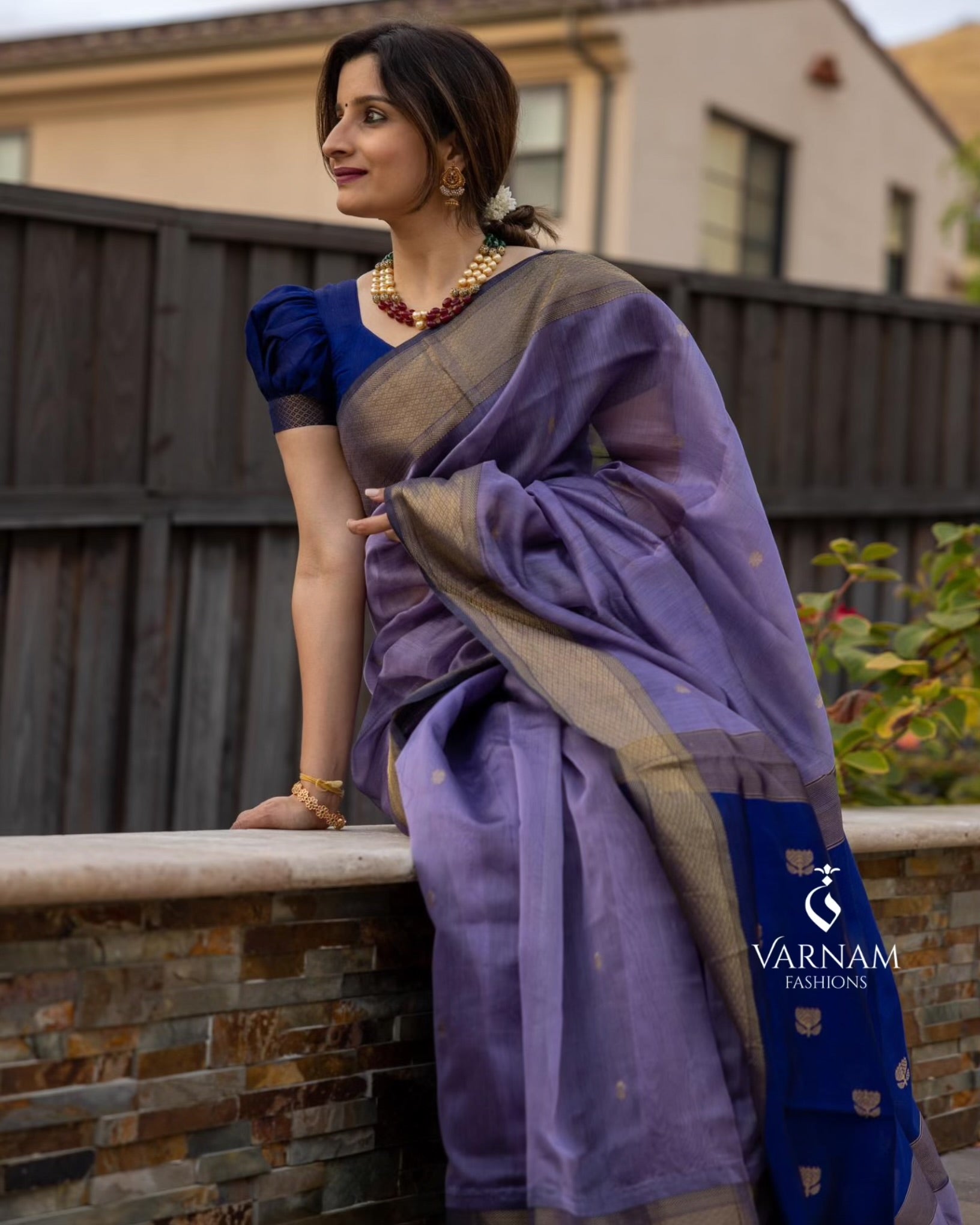 Lavender With Blue Maheshwari Silk Cotton Saree