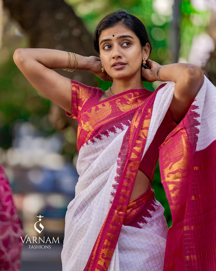 Elephant Border White With Red Sungudi Cotton Saree