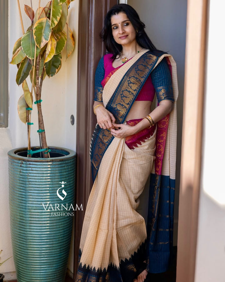 Halfwhite Sungudi Cotton Saree With Blue & Pink Ganga Jamuna Border