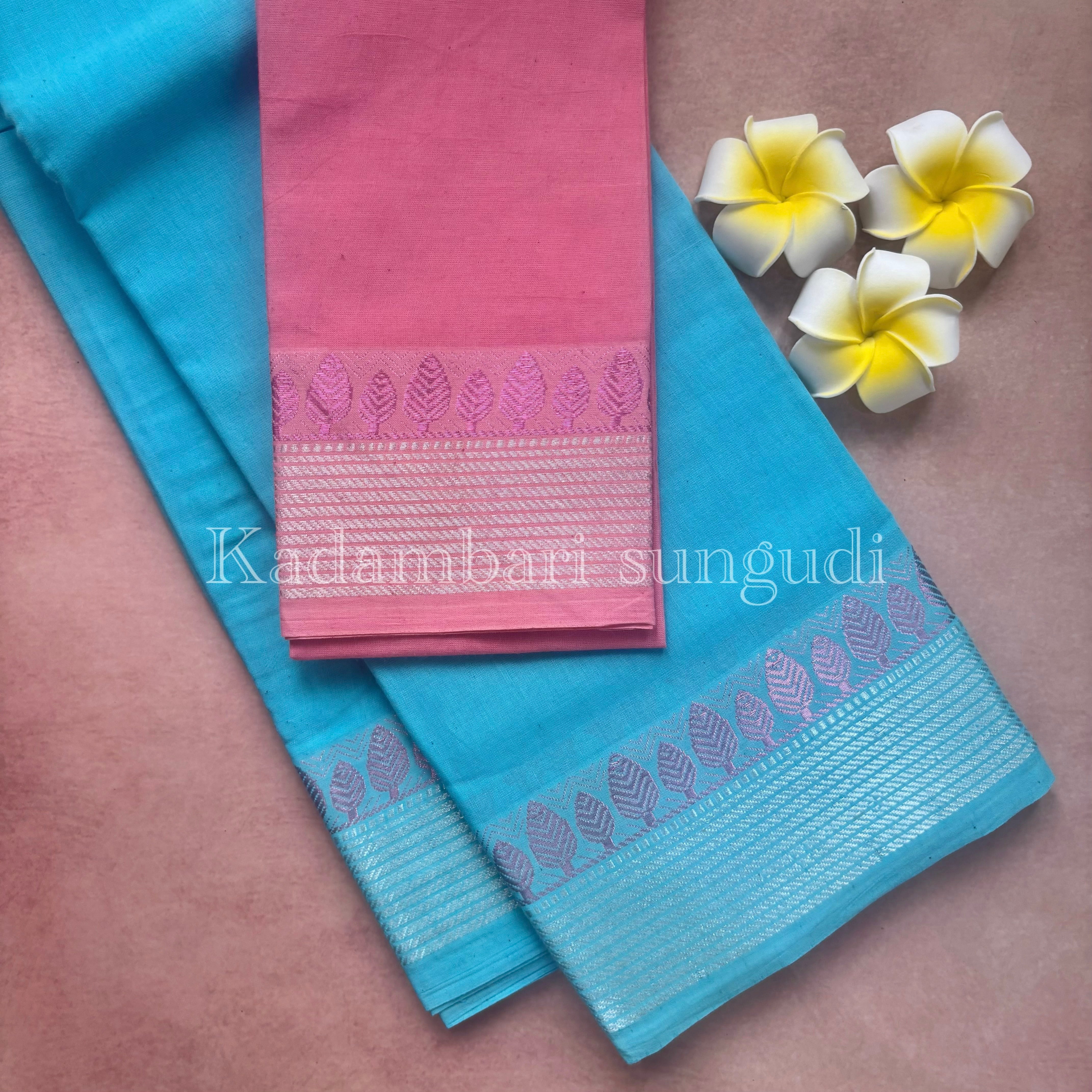 Kadambari Silver & Pink Zari Sungudi Cotton Saree