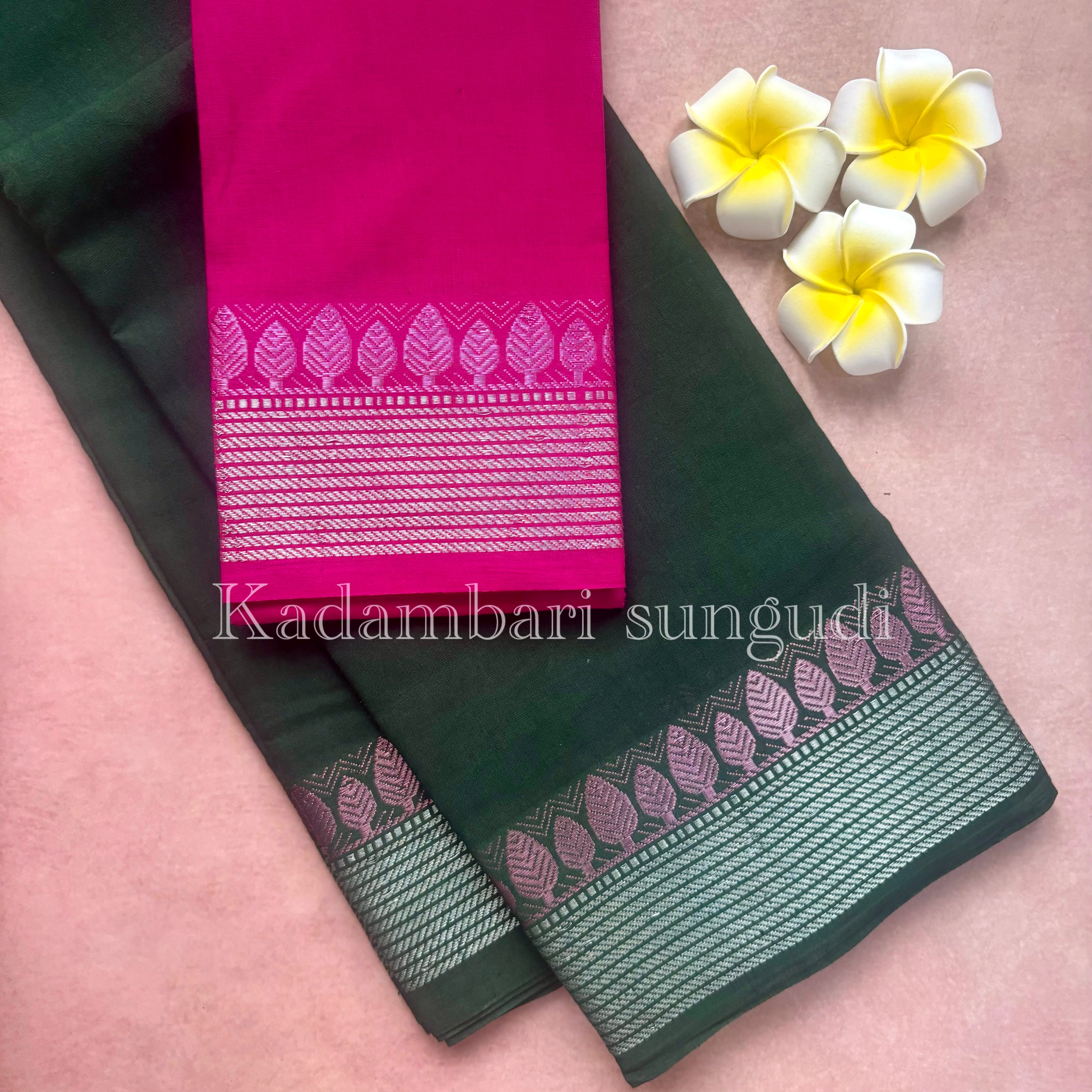 Kadambari Pink & Silver Zari Sungudi Cotton Saree