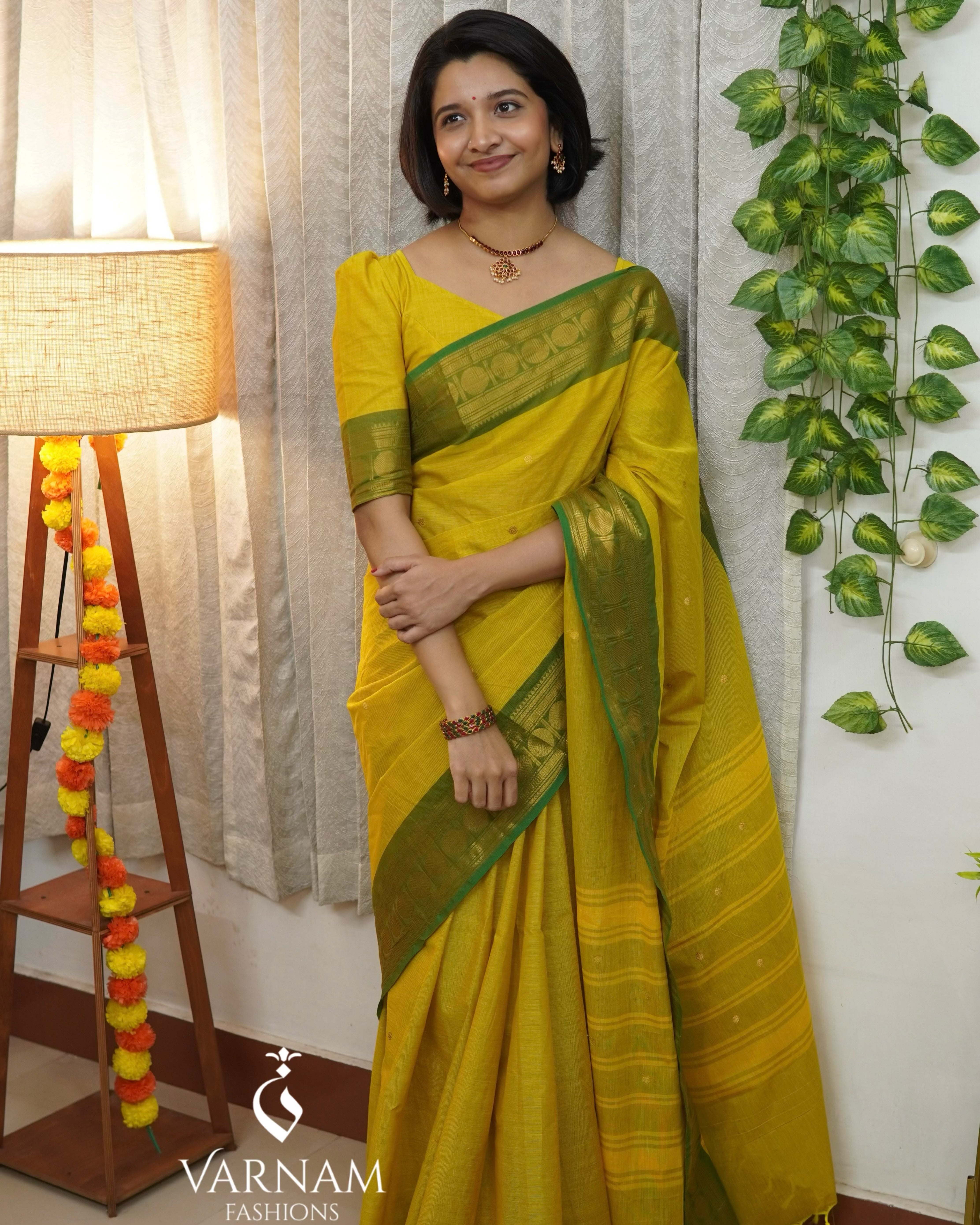 Yellow With Green Border Kanchi Cotton Saree