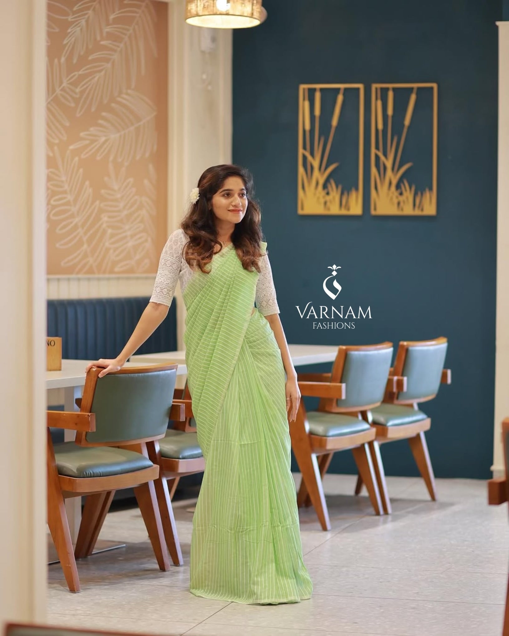 Green Mul Cotton Stripes Saree