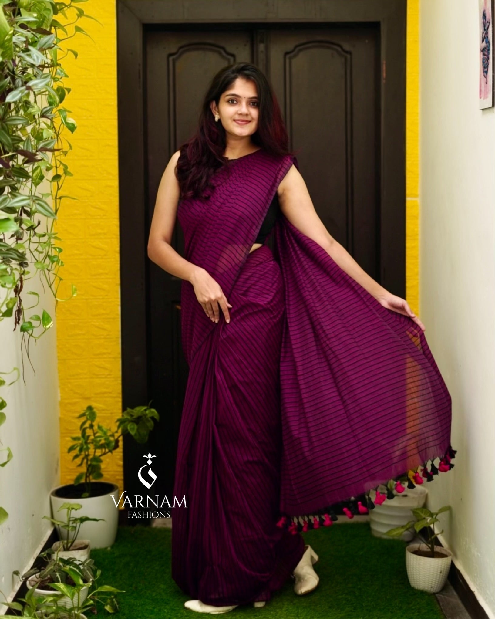 Wine Mul Cotton Stripes Saree