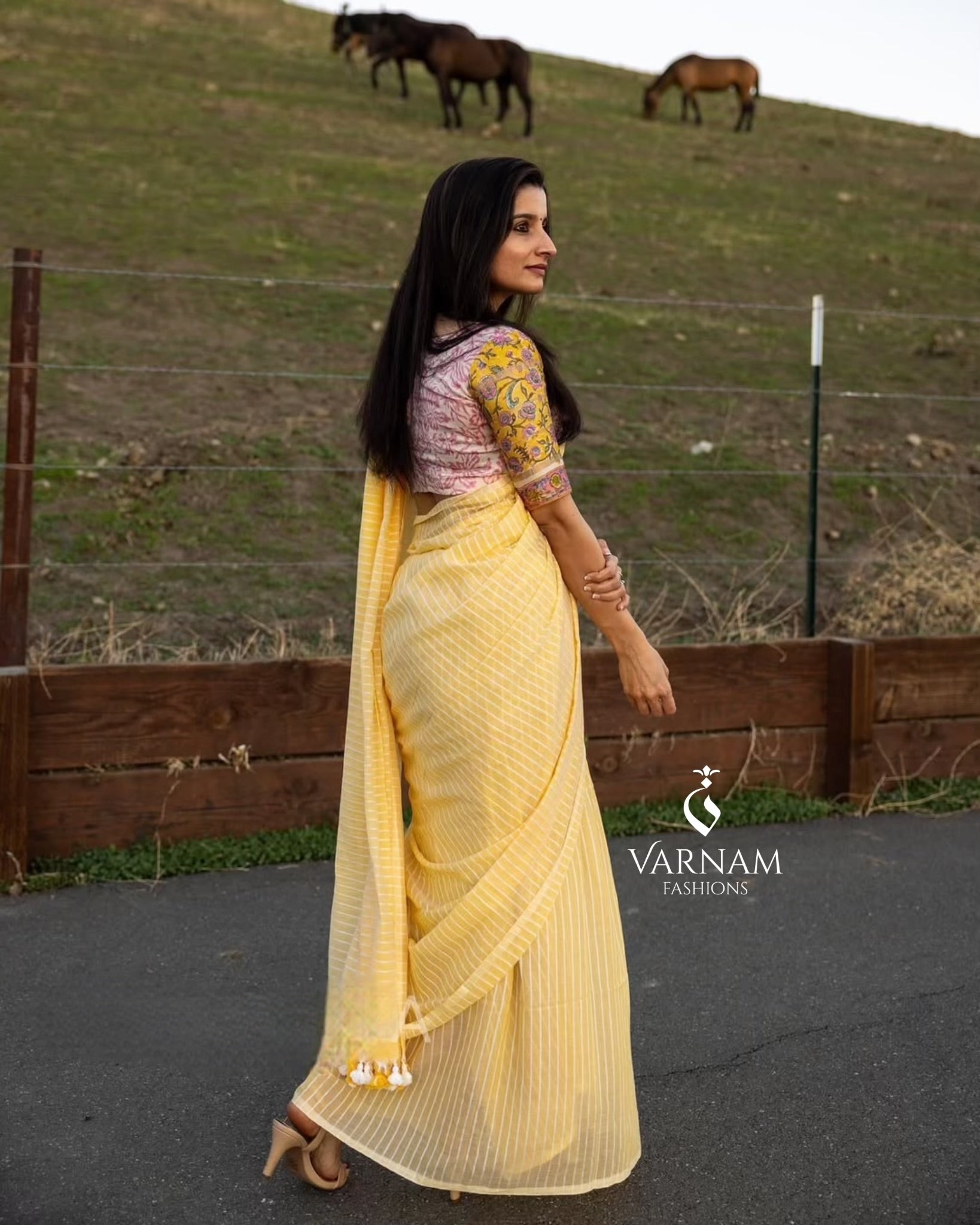 Yellow Mul Cotton Stripes Saree