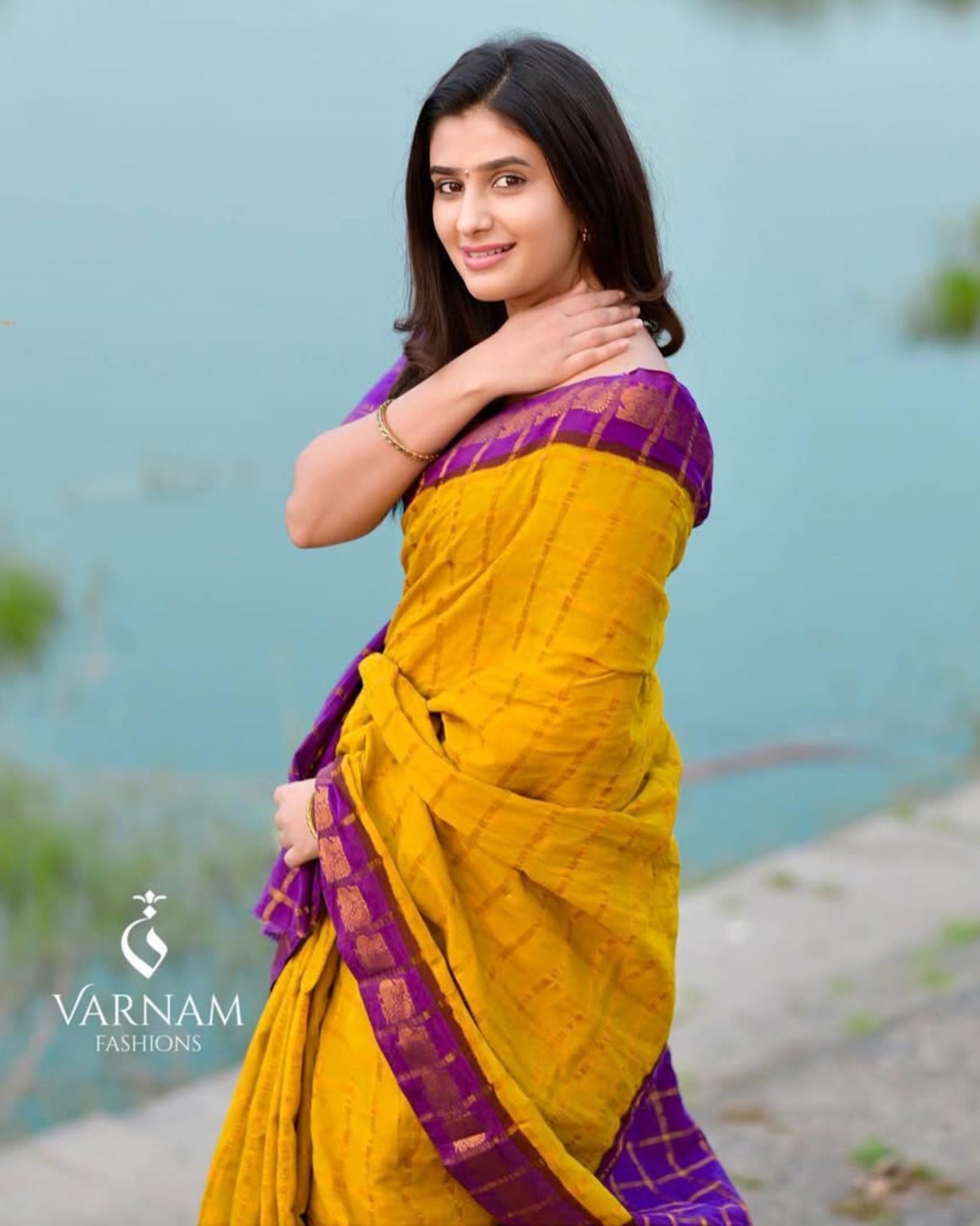 Mustard With Purple Pavithra Kattam Sungudi Cotton Saree