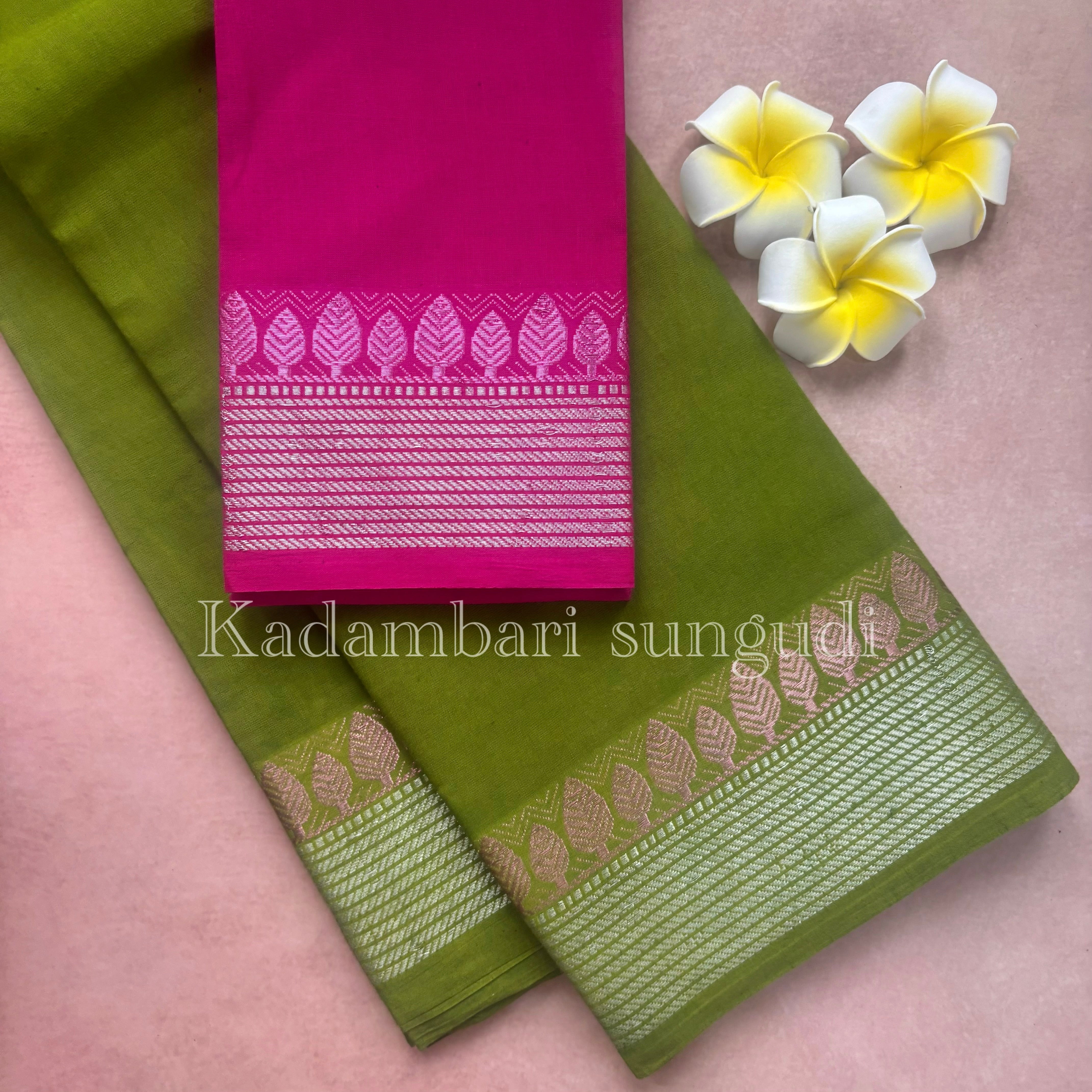 Kadambari Silver & Pink Zari Sungudi Cotton Saree