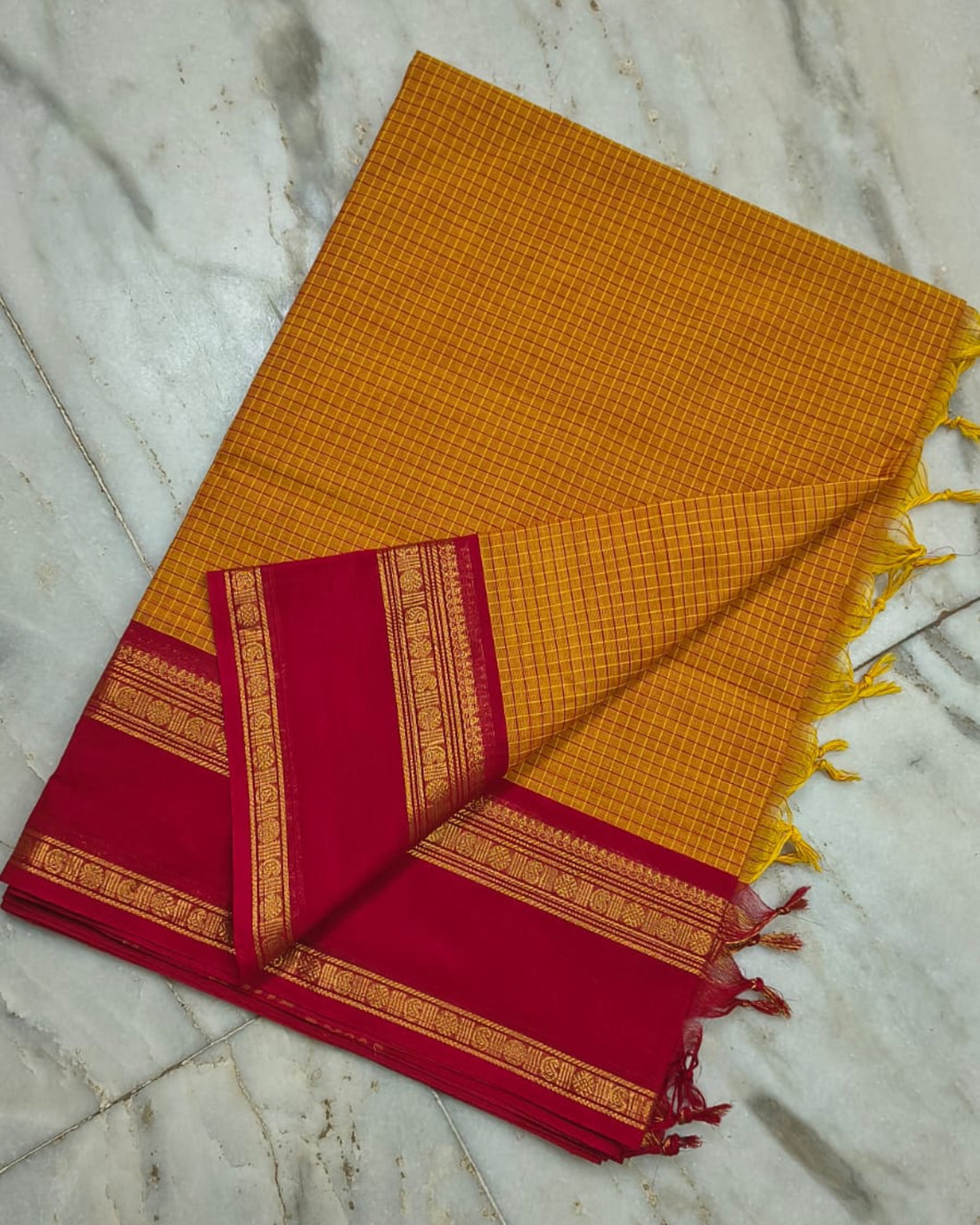 Yellow with Red Kattam Kanchi Cotton Saree