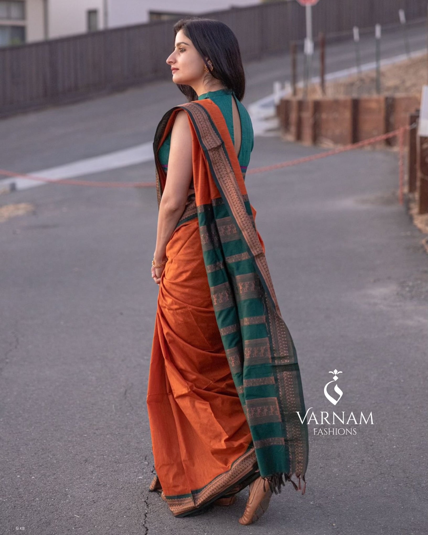 Orange With Green Kalyani Cotton Saree