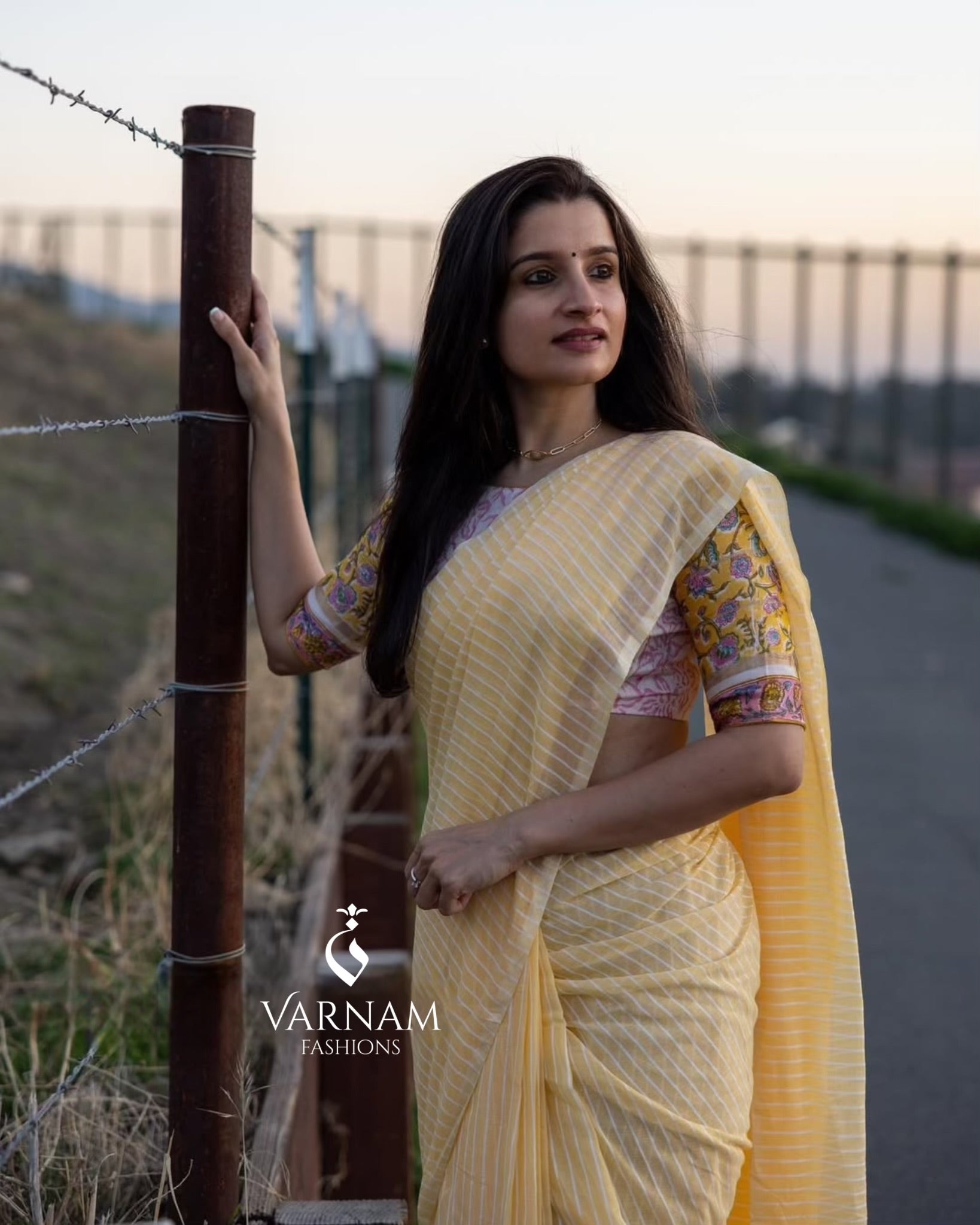 Yellow Mul Cotton Stripes Saree