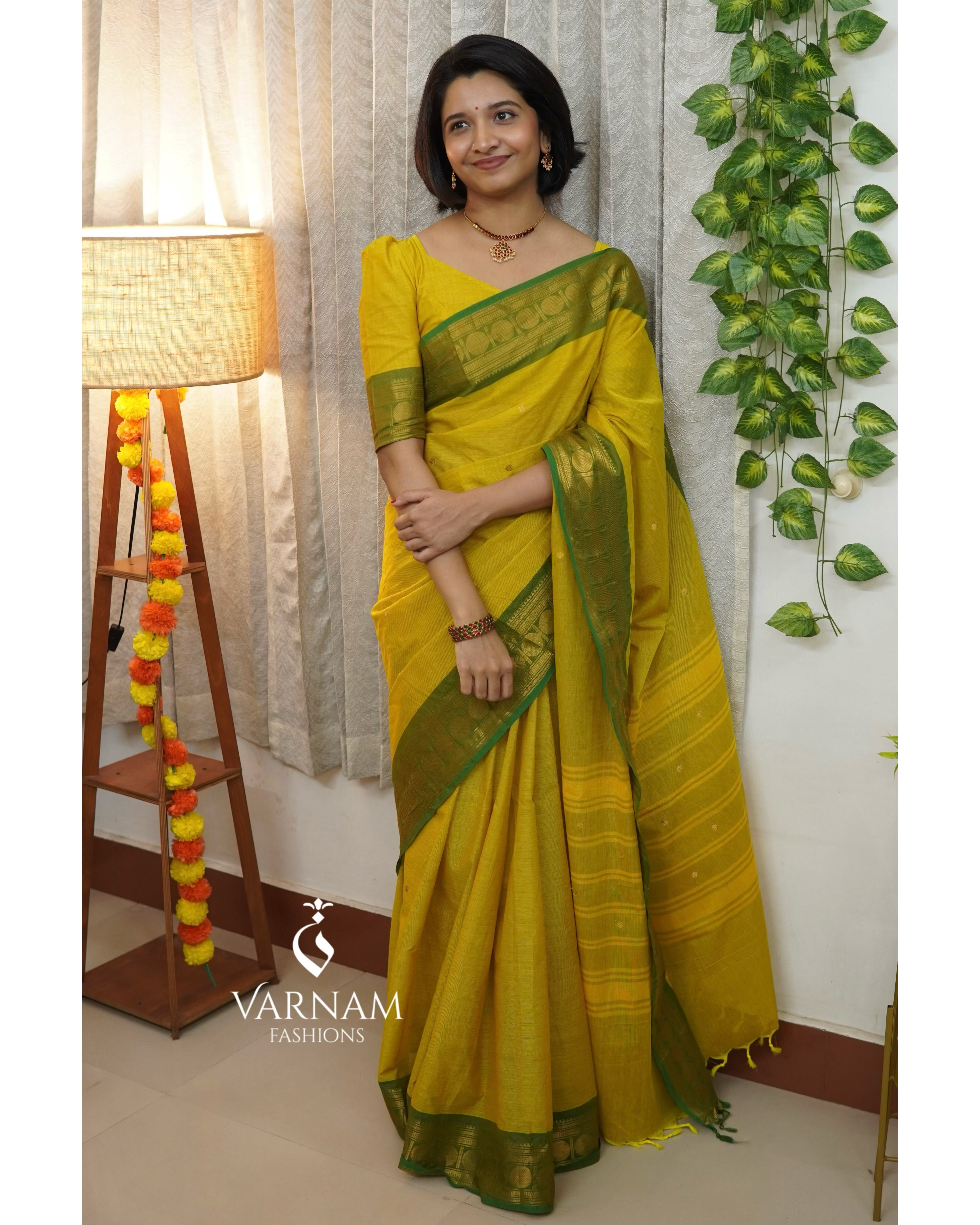 Yellow With Green Border Kanchi Cotton Saree