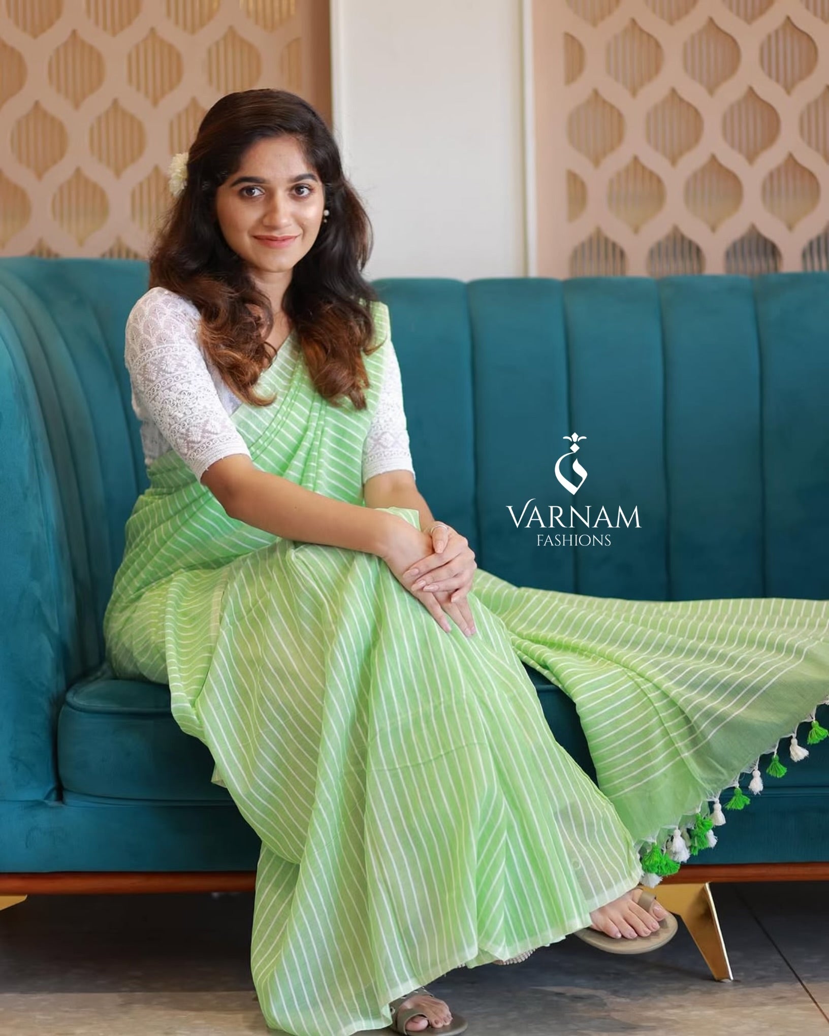 Green Mul Cotton Stripes Saree