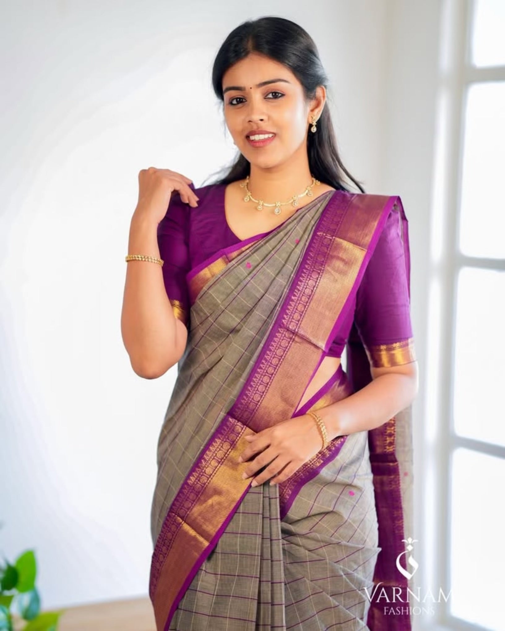 Grey With Magenta Kanchi Cotton Saree