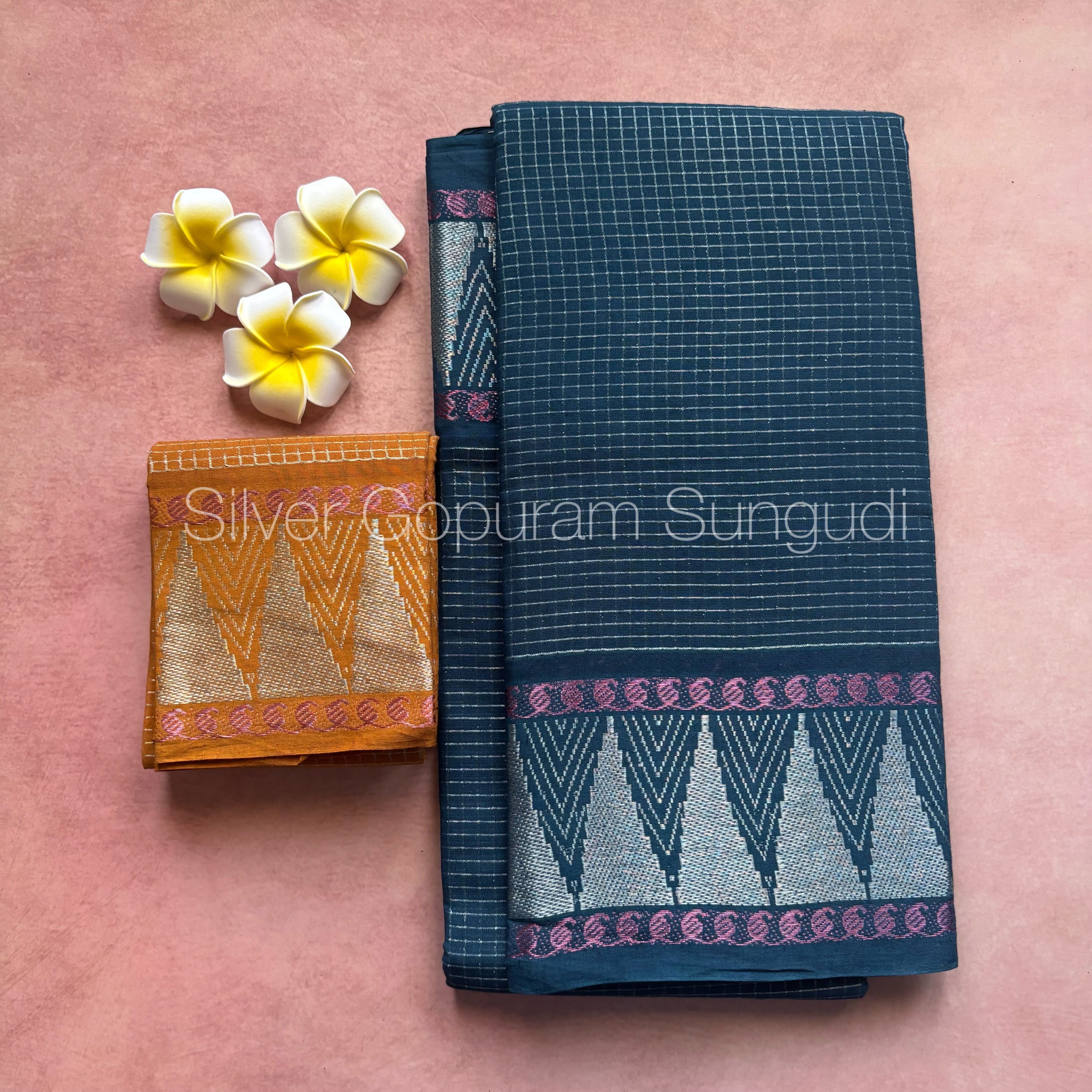 Gopuram Silver Sungudi Cotton Saree