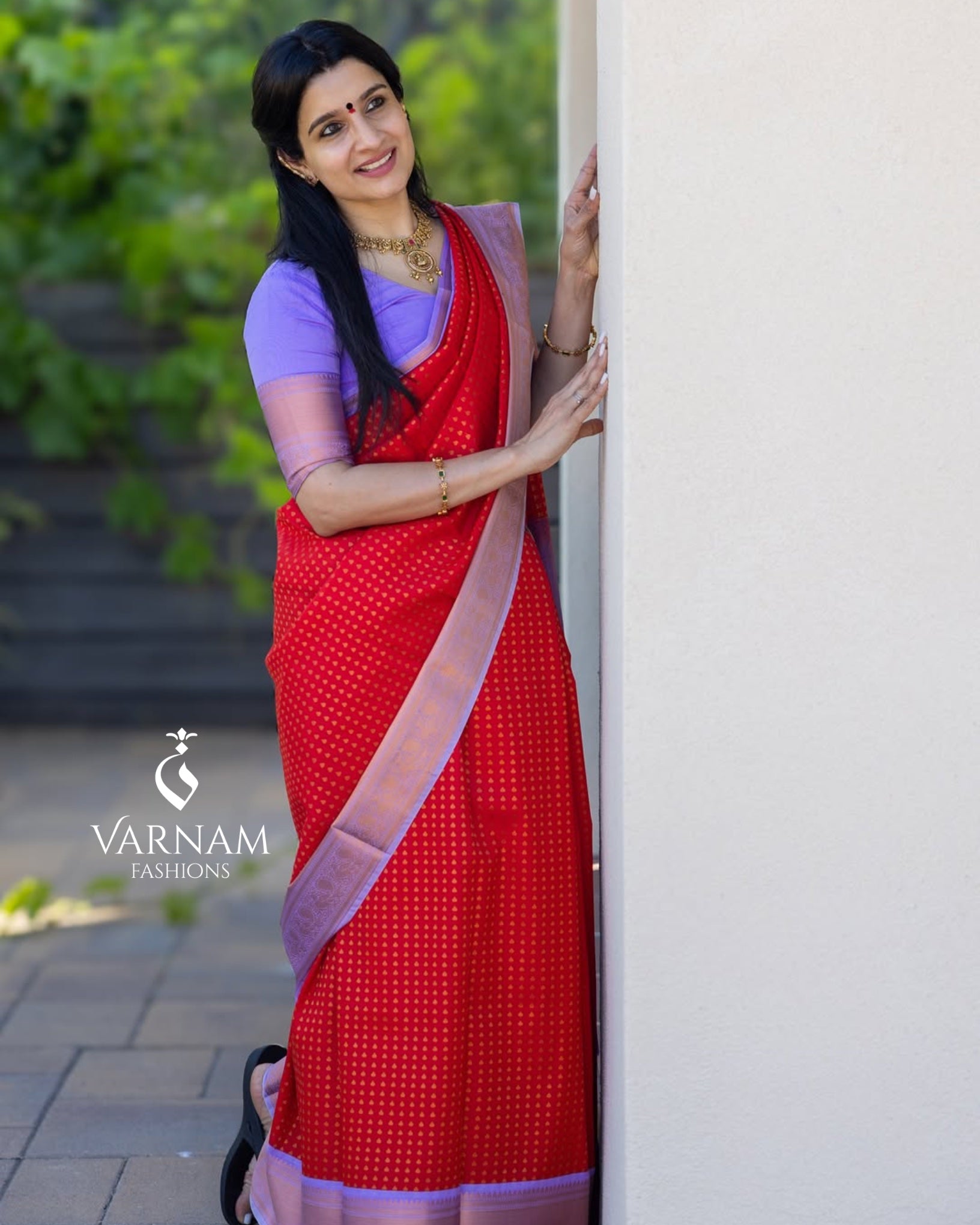 Red With Lavender Premium Semi Kanchi Silk Saree