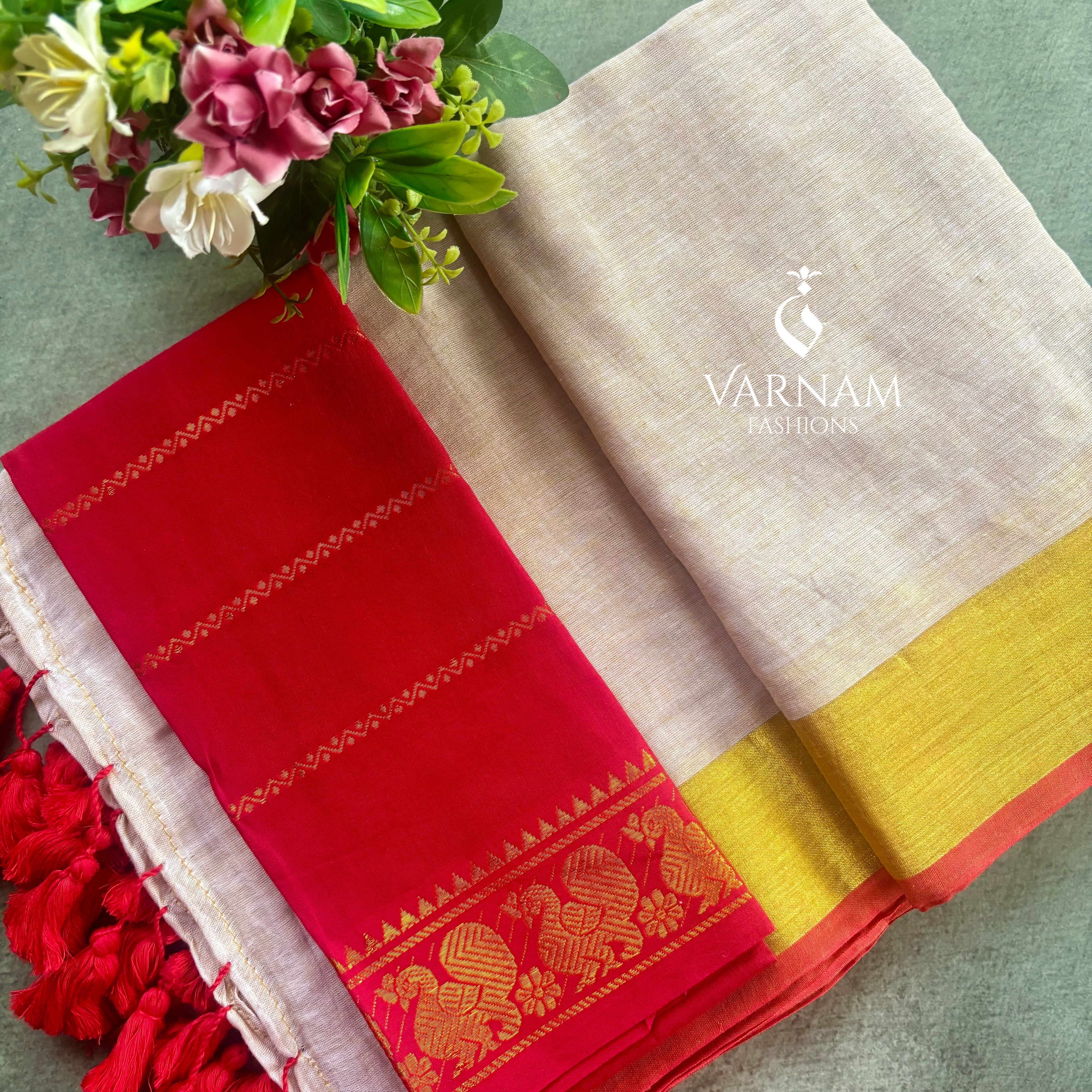 Onam Mul Cotton Saree With Golden Zari Border
