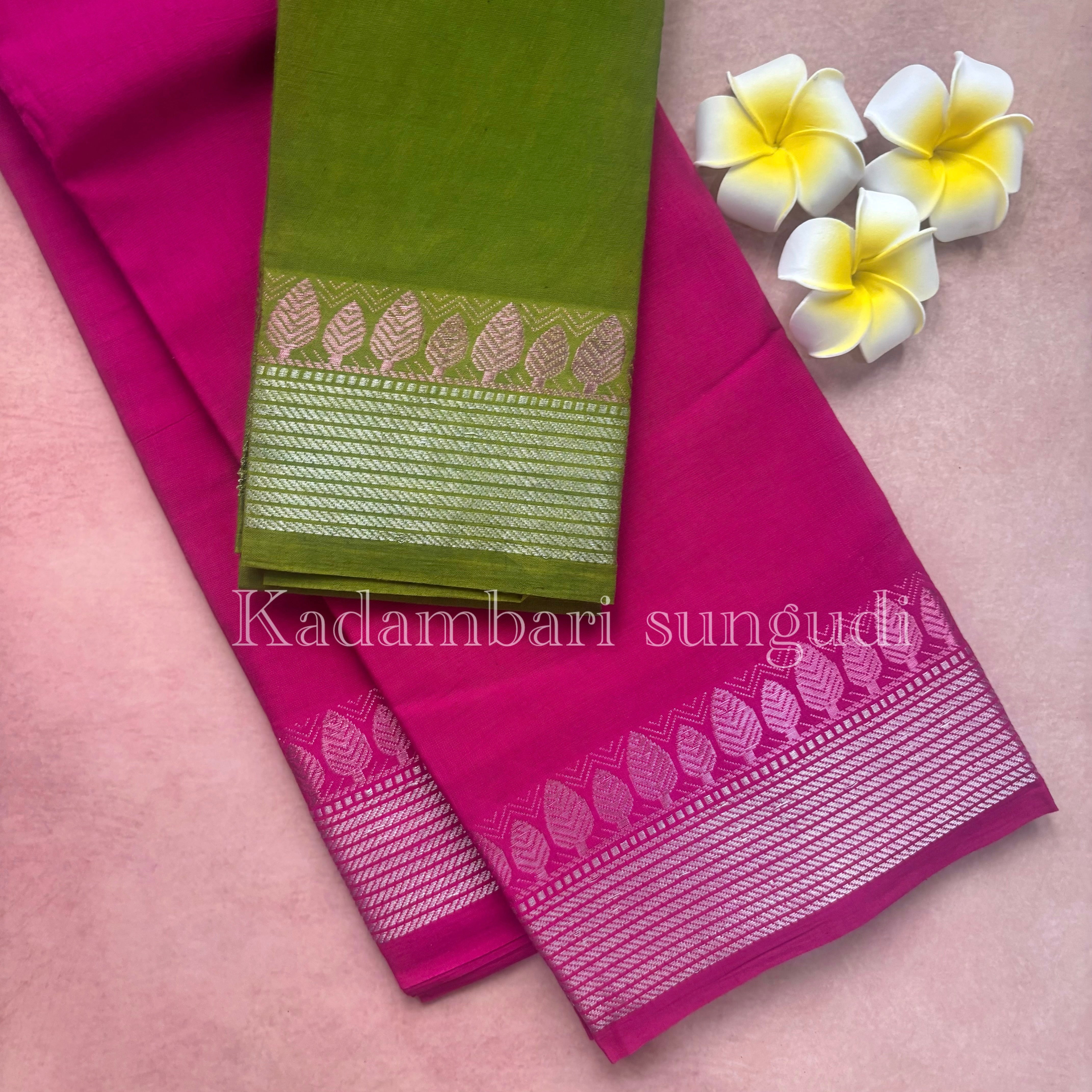 Kadambari Silver & Pink Zari Sungudi Cotton Saree