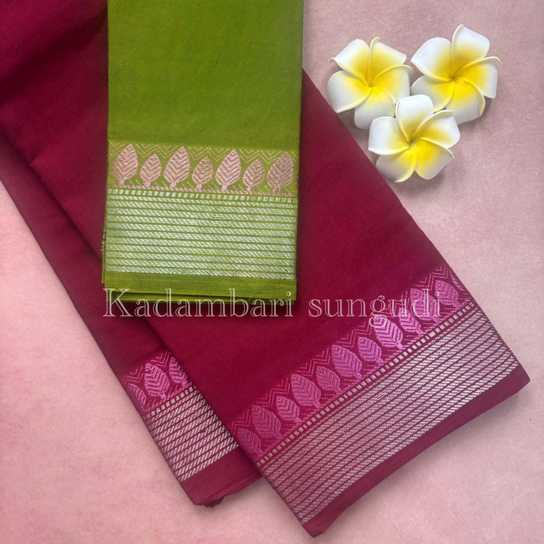 Kadambari Pink & Silver Zari Sungudi Cotton Saree