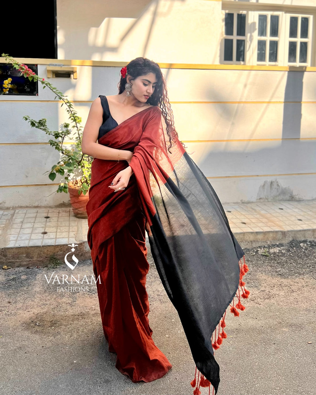 Brick Red With Black Khadi Cotton Saree