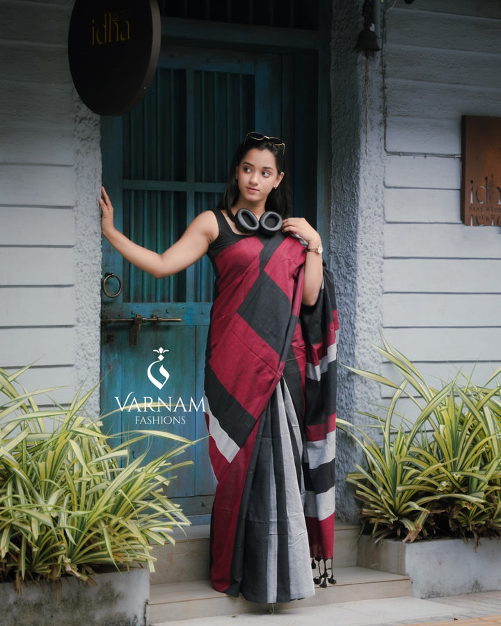 Black Multi Shade Khadi Cotton Saree