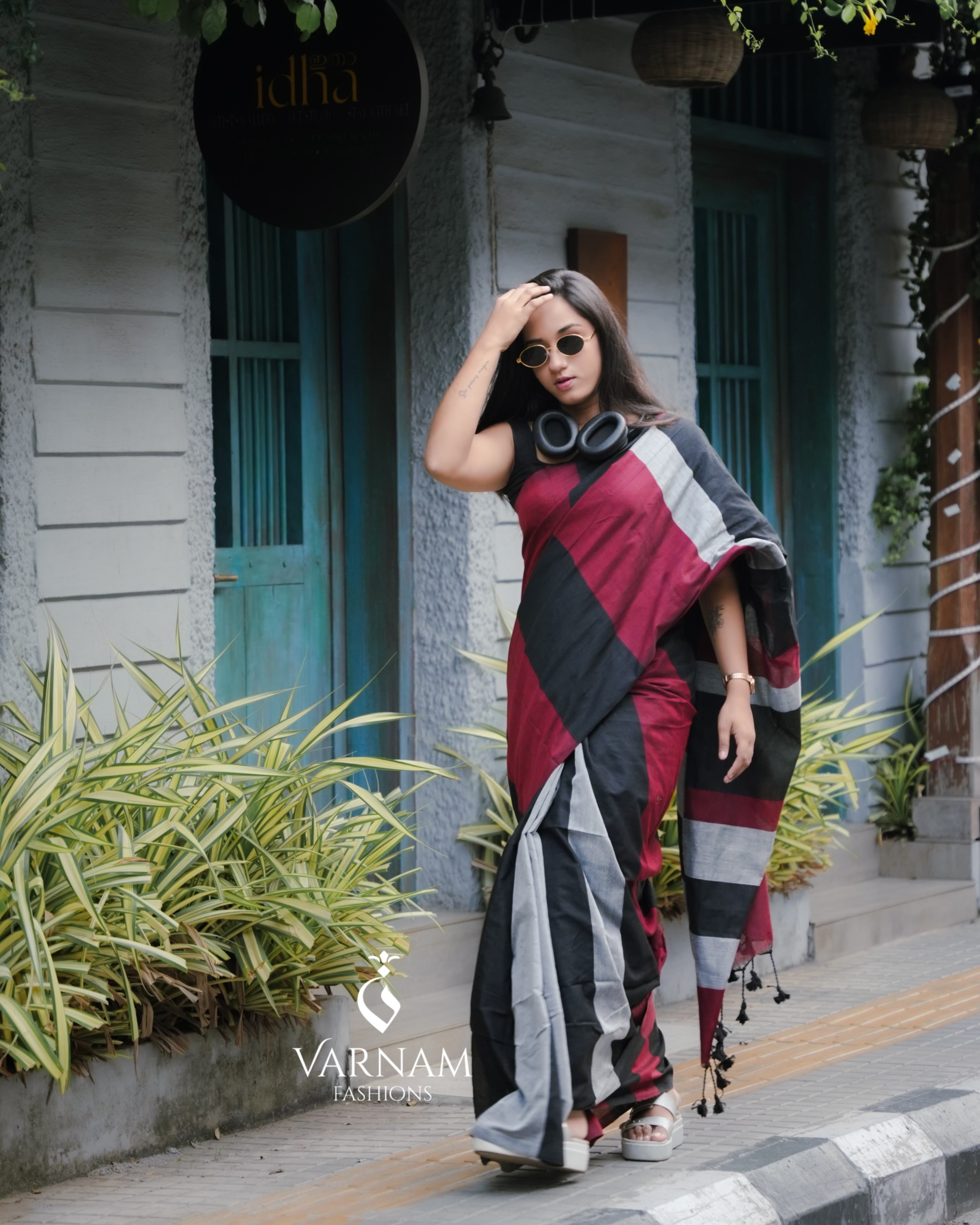 Black Multi Shade Khadi Cotton Saree