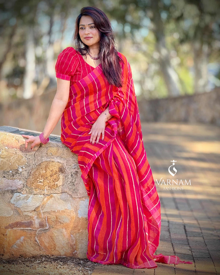 Pink And Orange Organic Linen Saree