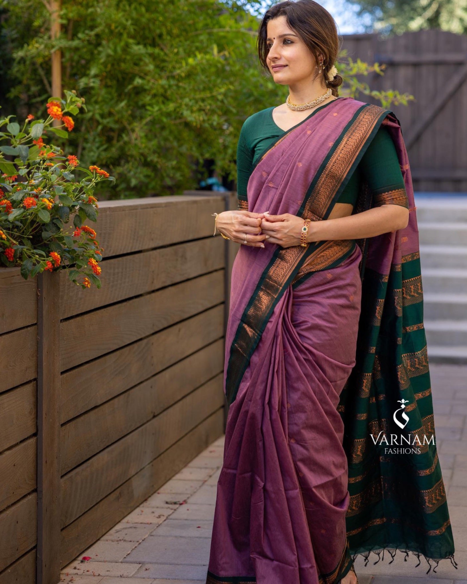 Onion Pink With Green Kalyani Cotton saree