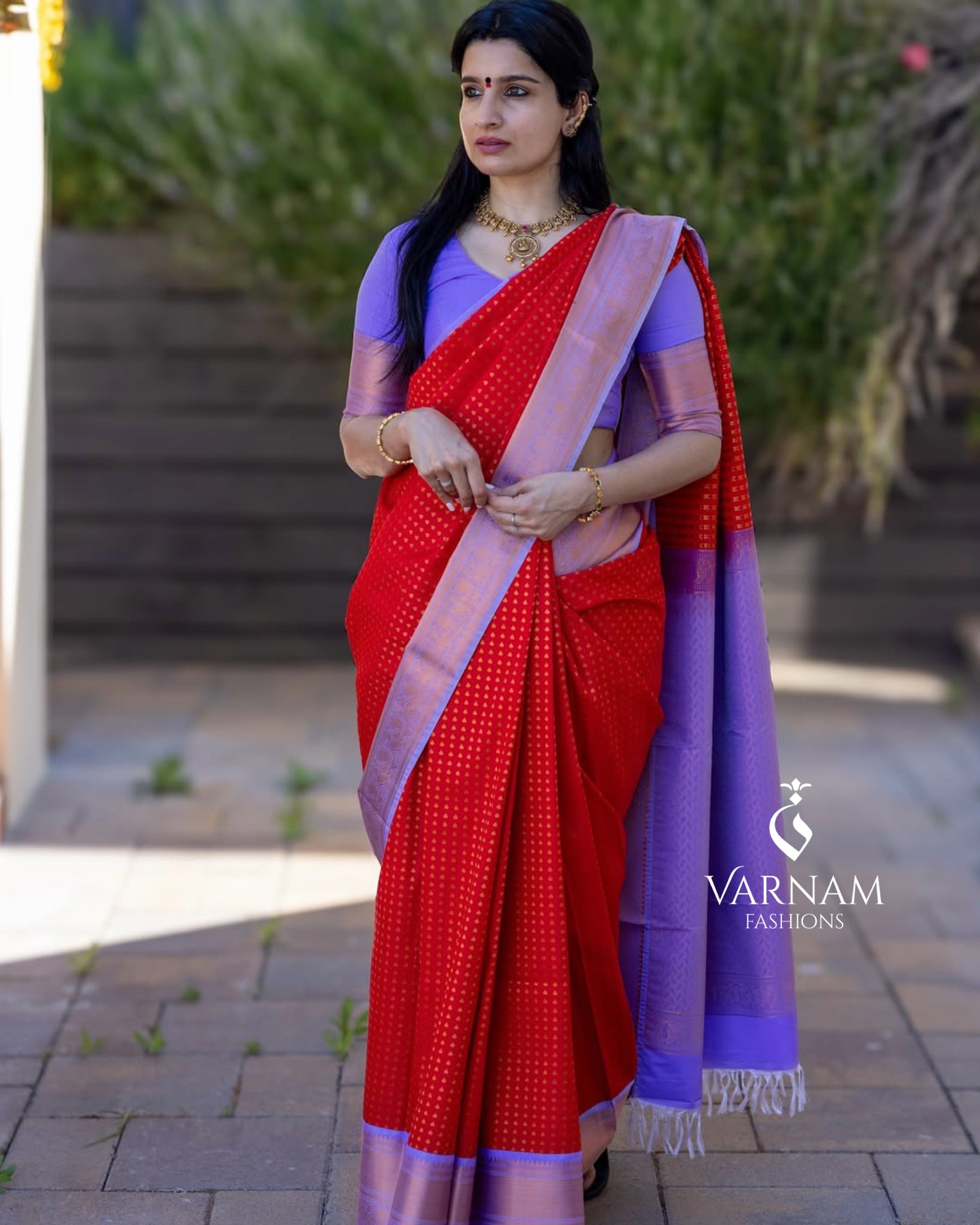 Red With Lavender Premium Semi Kanchi Silk Saree
