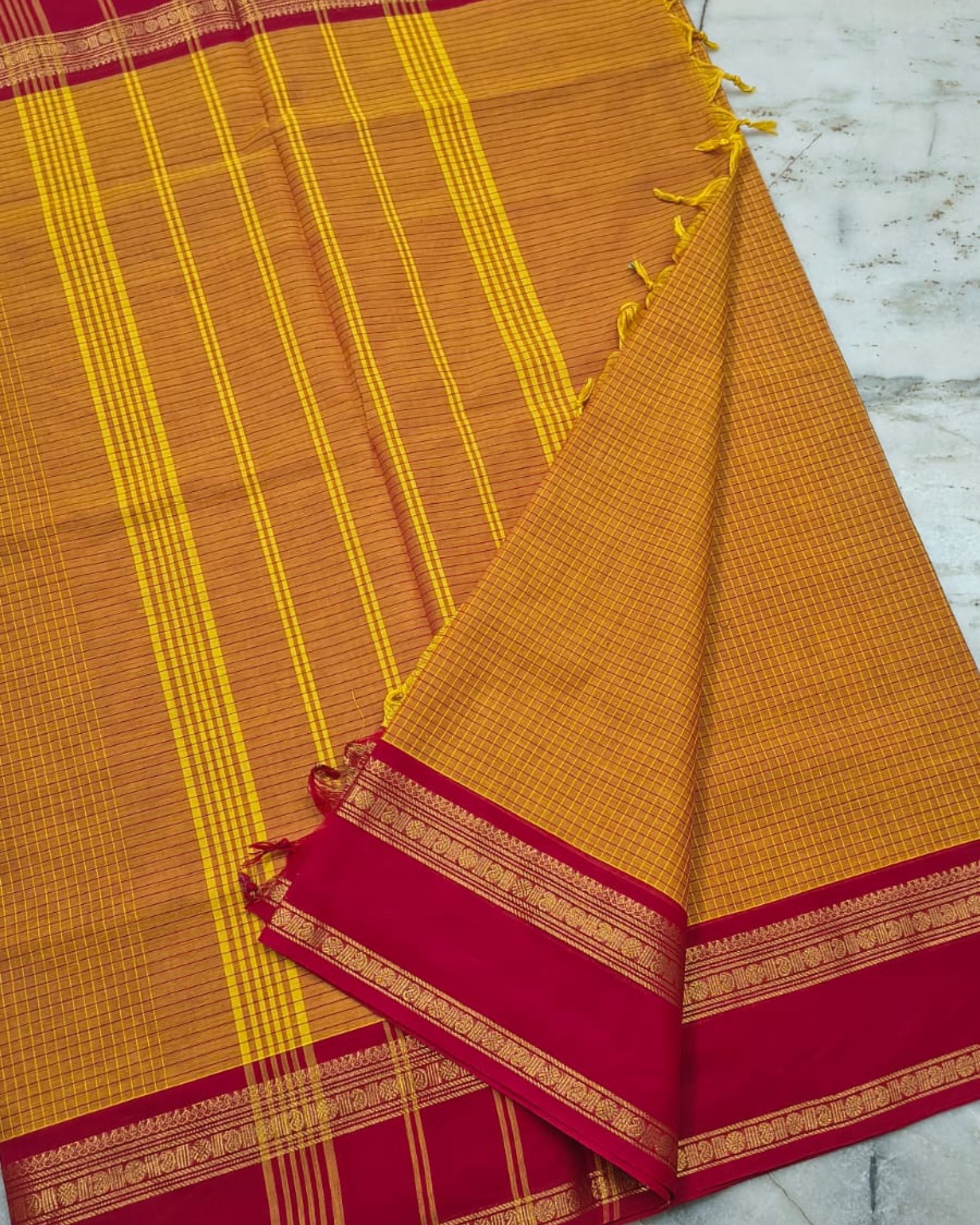 Yellow with Red Kattam Kanchi Cotton Saree