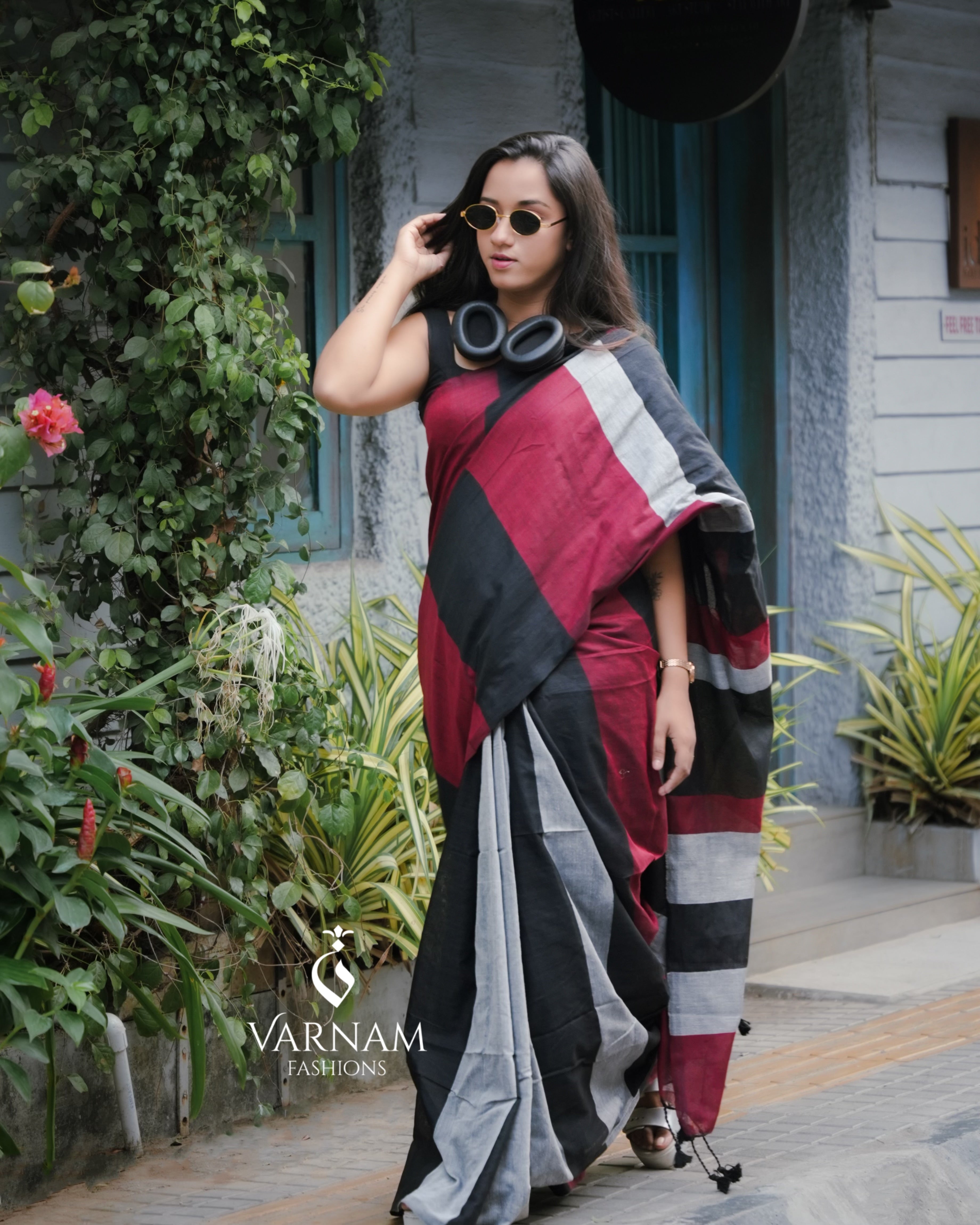 Black Multi Shade Khadi Cotton Saree