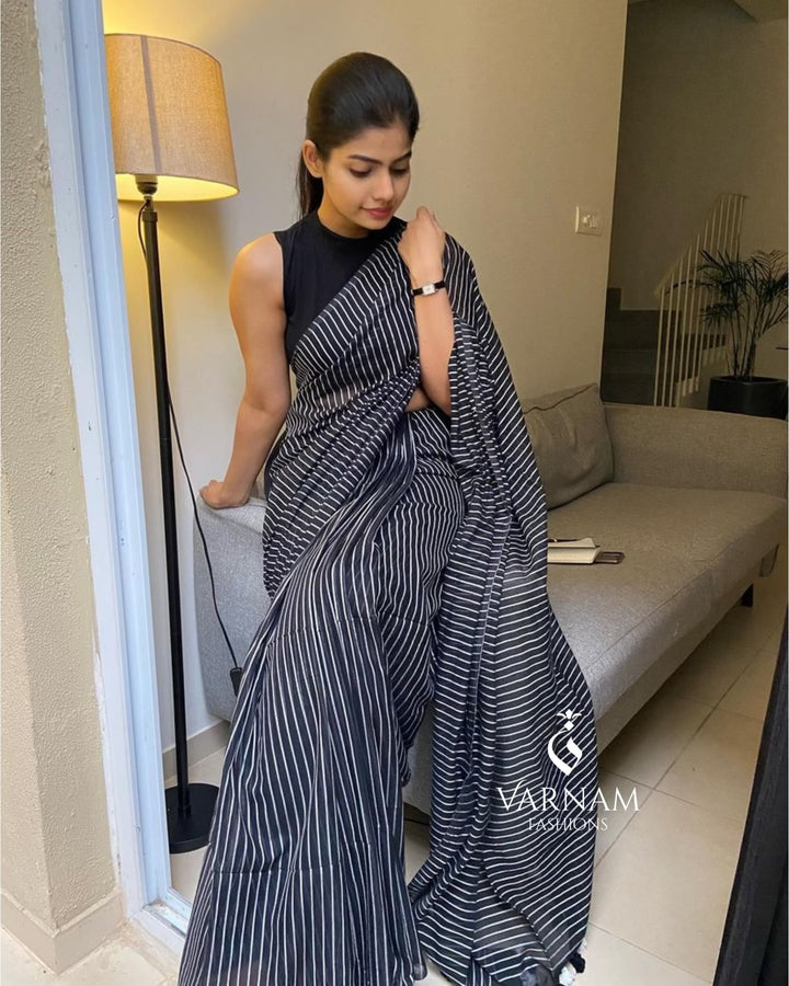 Black Mul Cotton Stripes Saree